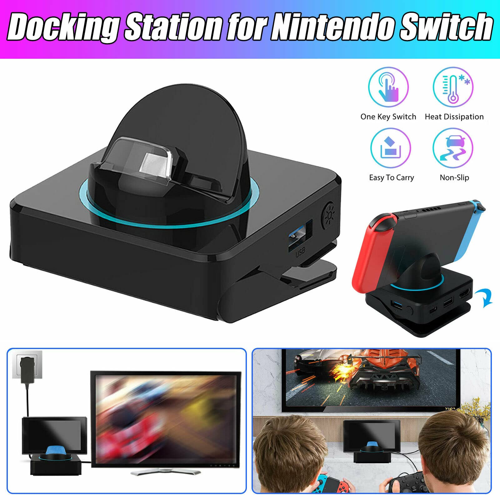 Nintendo Switch Docking Station - 4K HDMI TV Adapter & Portable Charging Dock Replacement for Nintendo Switch Console | Perfect for Home Gaming & Travel Use