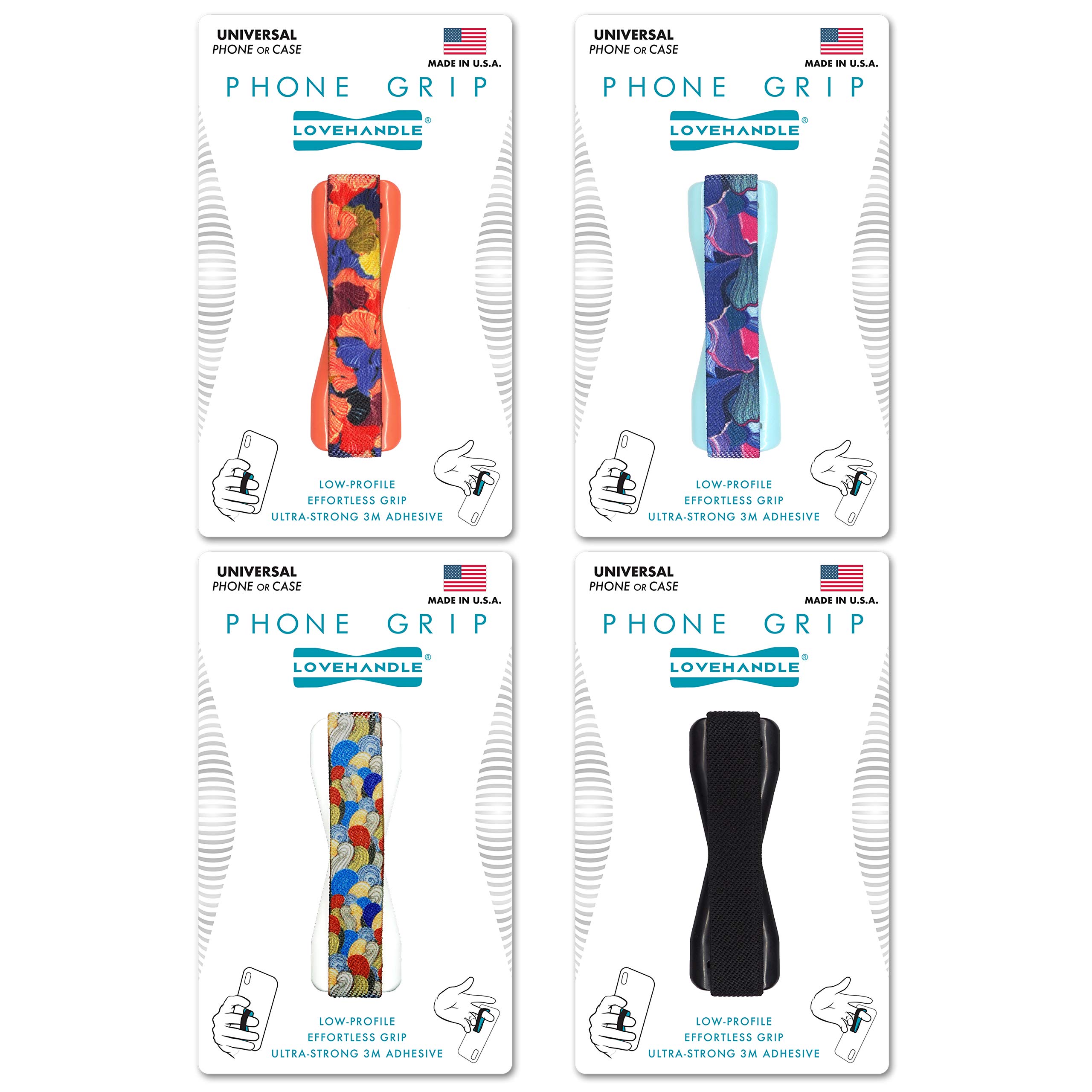 LOVEHANDLE Universal Phone Grip Holder - Compatible with Most Smartphones, Mini Tablets & Phone Cases | Swirl Design Elastic Strap with Colorful Base | 4-Piece Value Pack | Perfect for Gym, Travel & Everyday Use