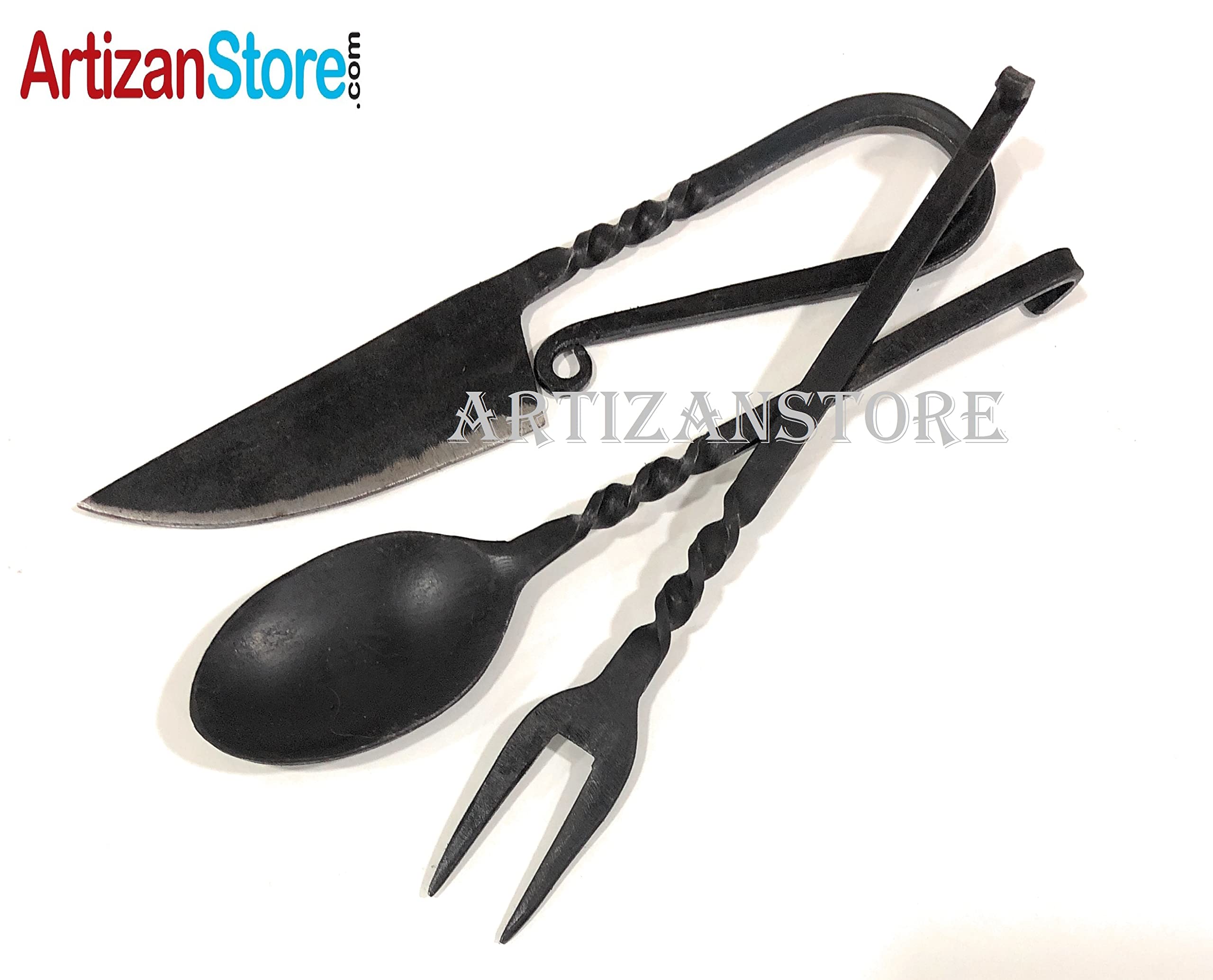 Hand-Forged Black Medieval 3-Piece Kitchen Utensil Set - Viking Cutlery with Knife, Spoon & Fork - Rustic Dinnerware for Home, Restaurant & Camping - Durable Kitchen Tools & Outdoor Essentials