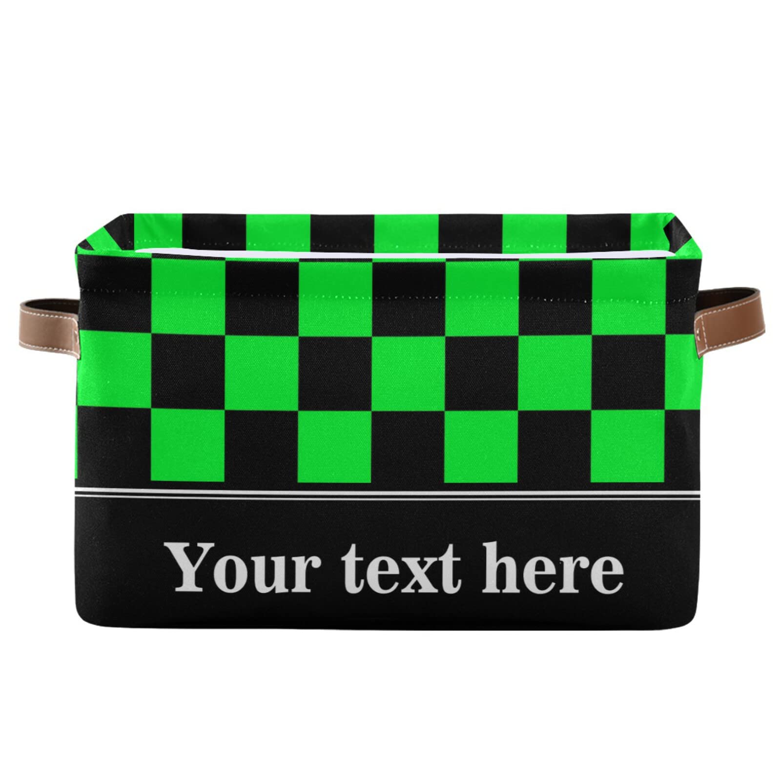 Checkboard Green Black Plaid Collapsible Storage Basket with Leather Handles - Foldable Rectangular Storage Bin for Nursery, Kids Room & Kitchen Organization | Perfect for Toys, Blankets & Home Decor