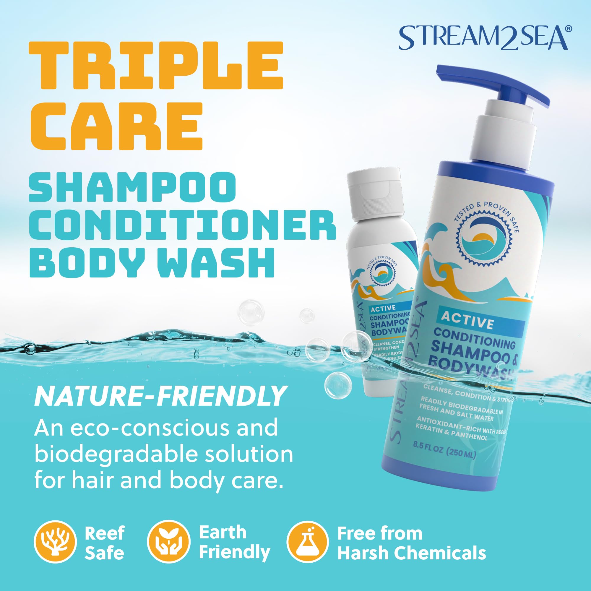 STREAM 2 SEA Ultimate Hair Care Combo - Natural UV Absorbent Conditioner & Shampoo | 3-in-1 Paraben-Free, Sulfate-Free Formula | 6oz Leave-in Conditioner + 8oz Conditioning Shampoo & Body Wash | Perfect for Beach, Pool & Outdoor Activities