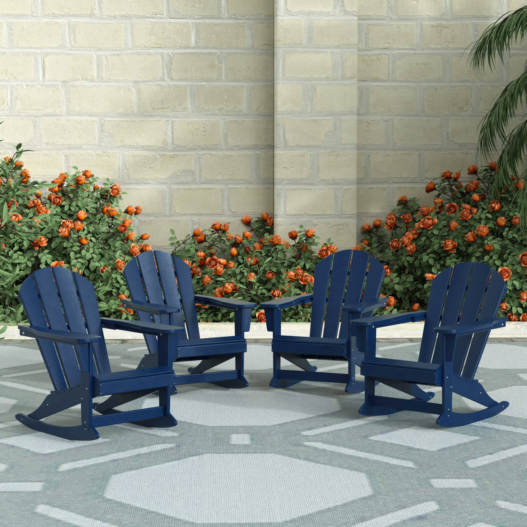 WO Home Furniture 4-Piece Patio Rocking Chair Set - Classic Outdoor HDPE Rockers with UV & Weather Resistance (Navy Blue) - Perfect for Porch, Garden, Deck & Backyard Relaxation