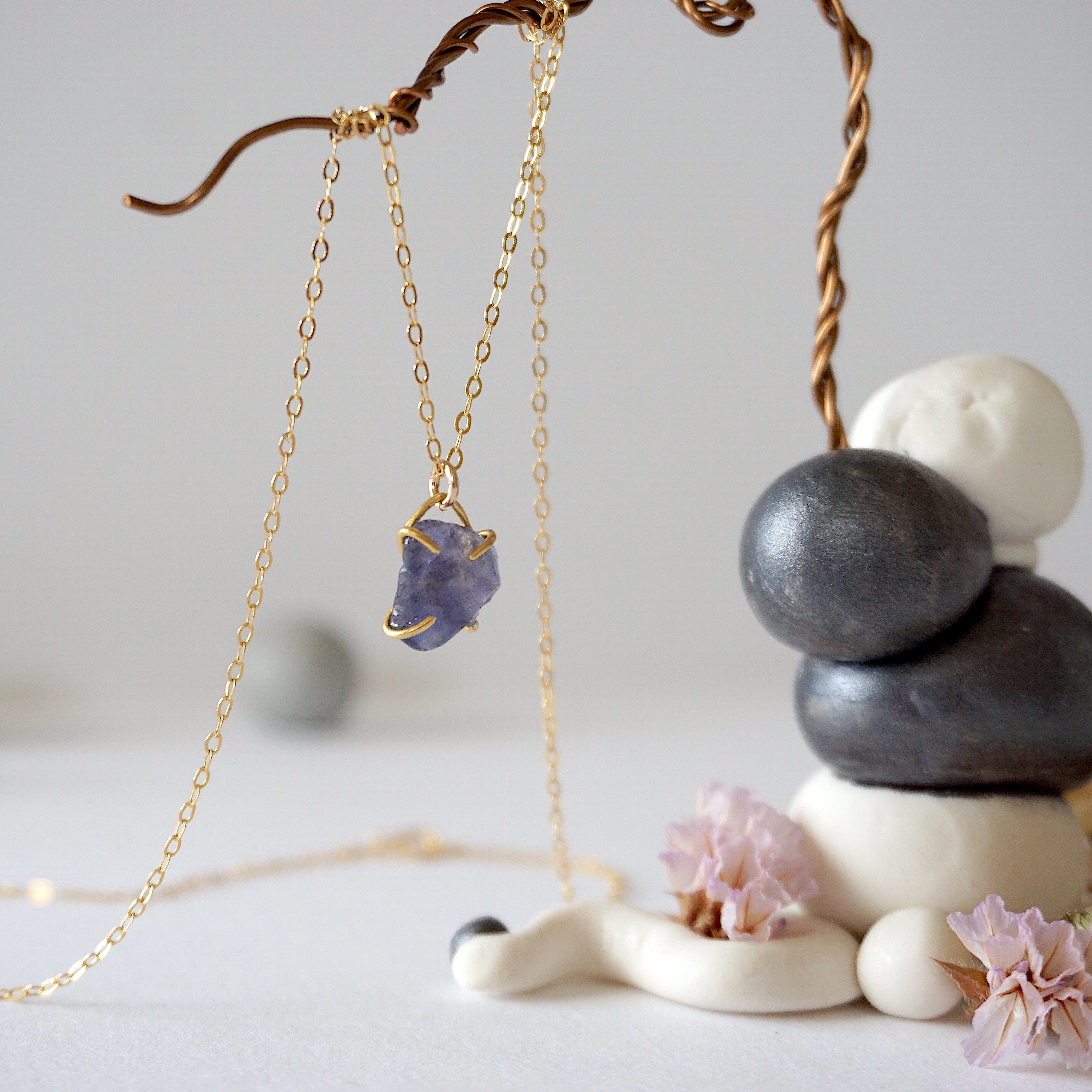 Iolite Sapphire 14K Gold Filled Huggie Charm Necklace for Women - Elegant Dainty Jewelry Gift for Birthday, Anniversary & Valentine's Day