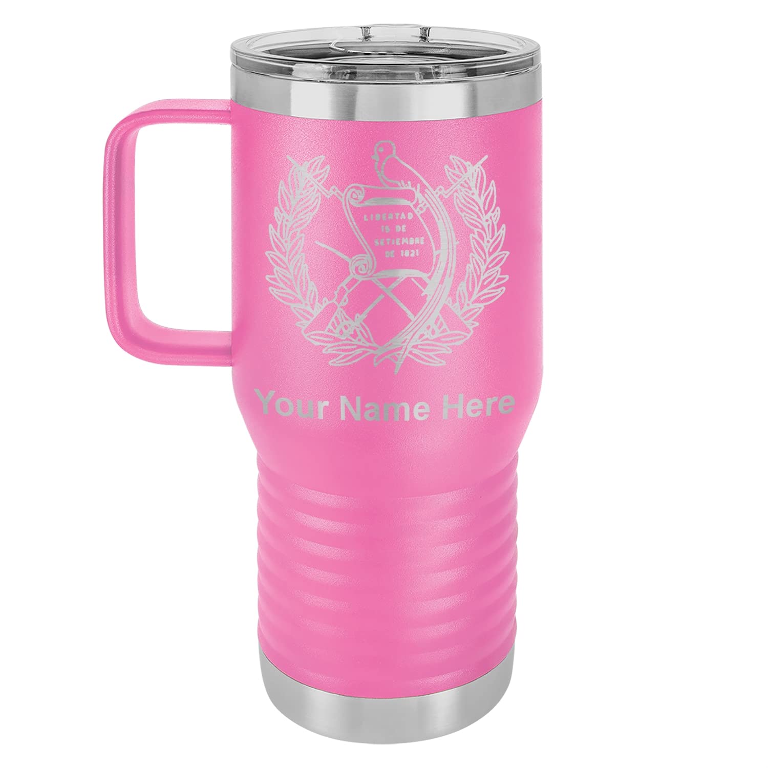 LaserGram 20oz Vacuum Insulated Stainless Steel Travel Mug with Handle - Custom Guatemala Flag Engraving, Hot & Cold Drink Tumbler - Perfect for Coffee, Tea, Camping, Office & Commuting (Pink)