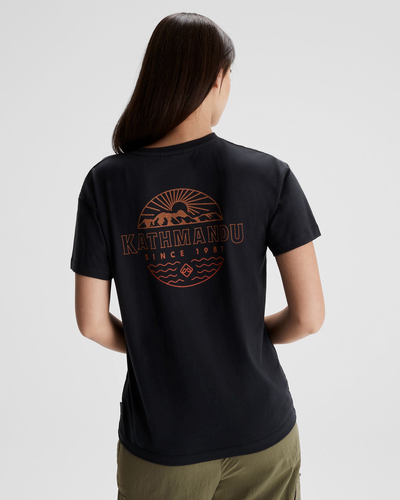 Women's Kathmandu Logo Faded Organic Cotton T-Shirt - Black | Eco-Friendly Casual Tee for Everyday Wear & Outdoor Adventures