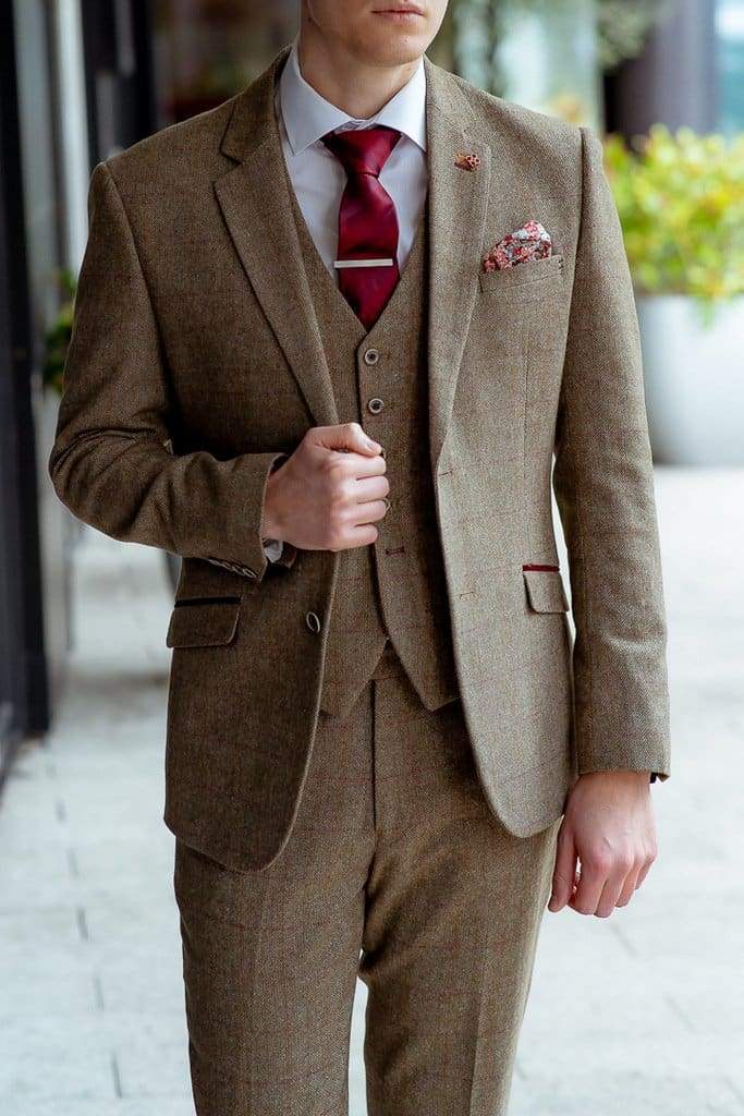 Cavani Gaston Slim Fit Tweed Suit for Men - Sage Green 3-Piece Checkered Formal Suit | Wedding, Office & Special Occasion Outfit