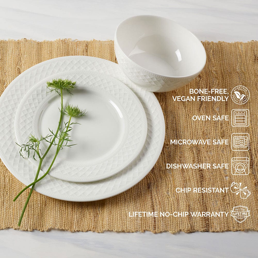 Patterson Vegan Bone 12-Piece Dinnerware Set - Service for 4 - Eco-Friendly Porcelain Dinner Plates, Bowls & Mugs - Perfect for Family Dinners, Entertaining Guests & Everyday Use