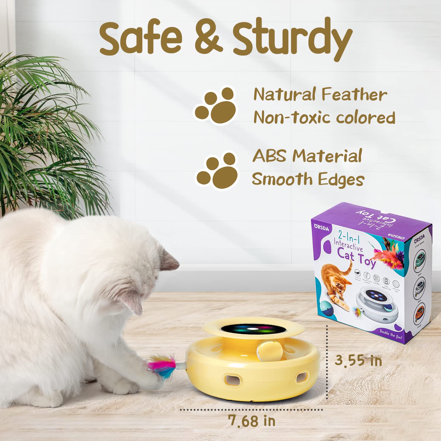 ORSDA 2-in-1 Interactive Cat Toys for Indoor Cats - Automatic Rolling Ball & Ambush Feather Toy with 6 Feathers, Dual Power Supply, Adjustable Speed, Auto On/Off - Perfect for Playtime, Exercise & Boredom Relief for Kittens & Adult Cats