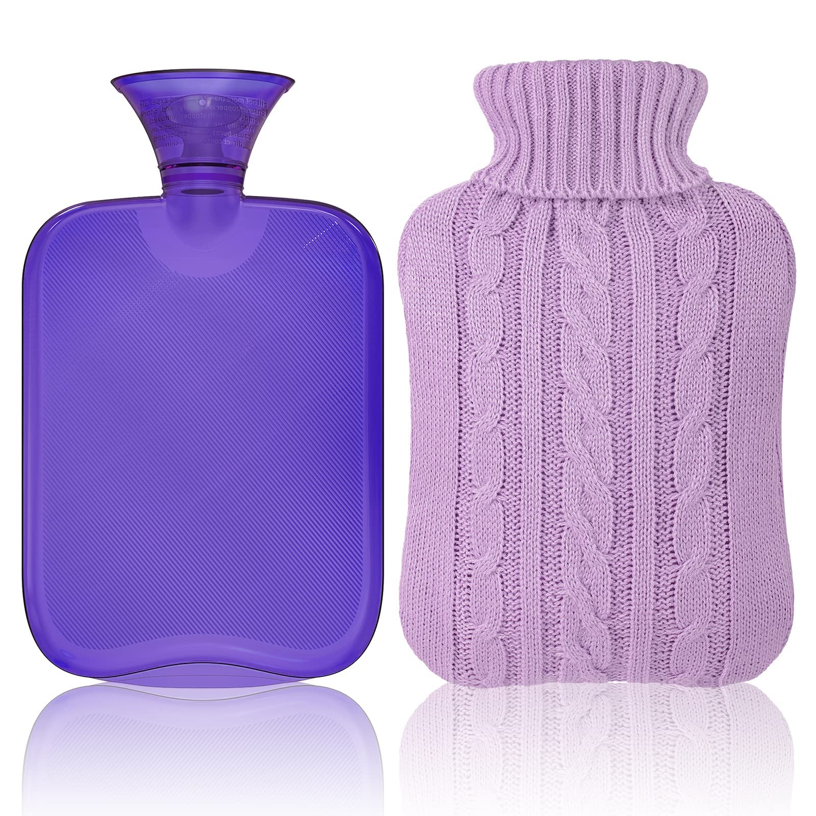 Attmu 2L Classic Transparent Rubber Hot Water Bottle with Knit Cover - Purple | Warm Therapy for Cramps, Back Pain & Winter Comfort | Perfect for Home, Office & Travel Use