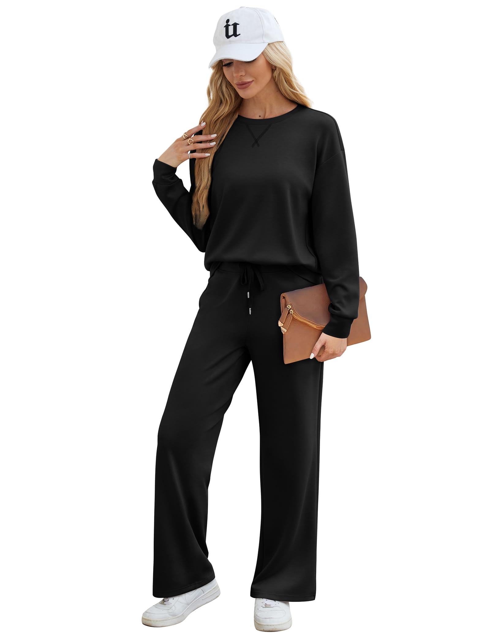 Women's 2-Piece Lounge Set - Soft Crewneck Sweatshirt & Wide Leg Sweatpants | Cozy Matching Outfits for Travel, Fall & Home Relaxation
