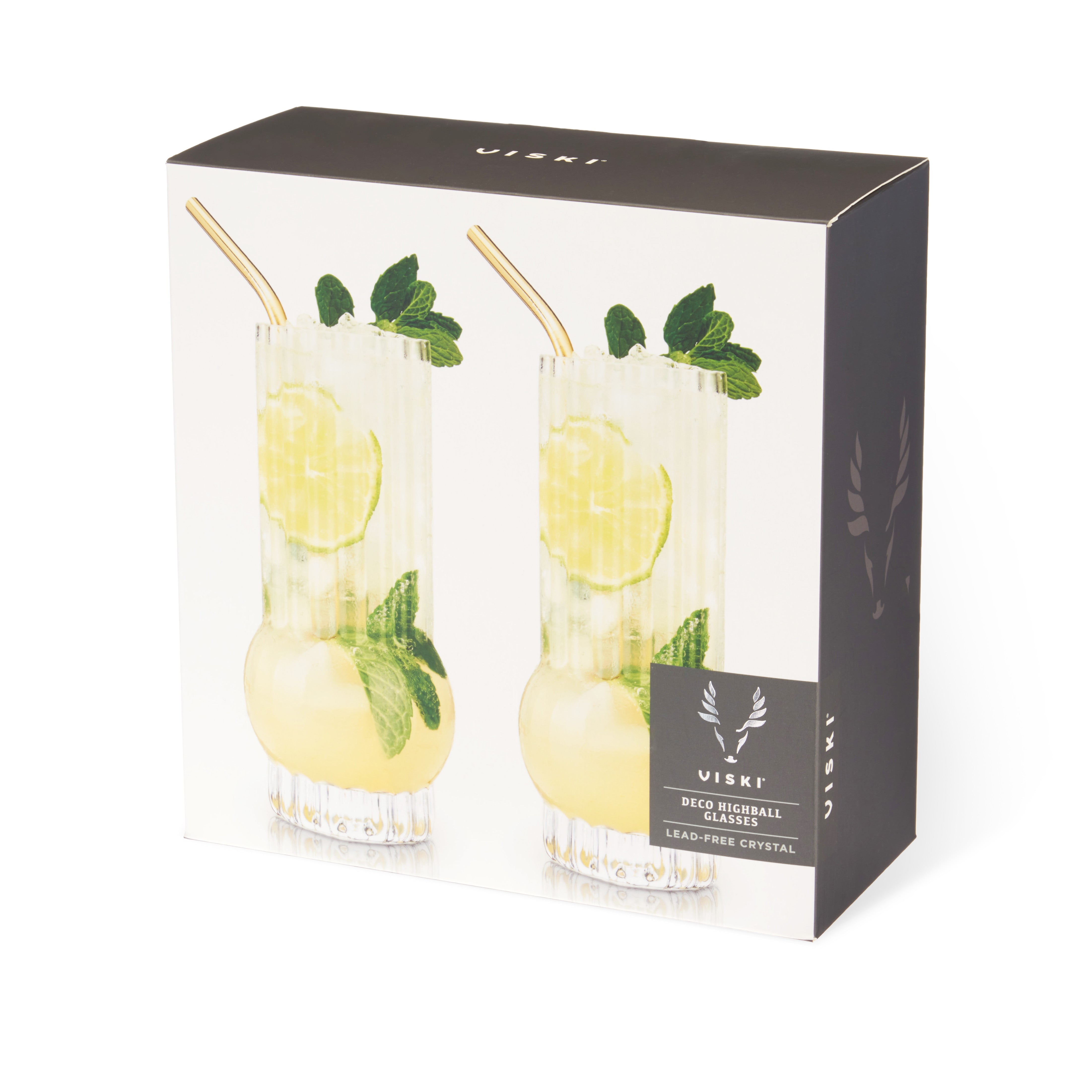 Art Deco Crystal Highball Glasses Set of 2 - Elegant Vintage Cocktail Glasses for Whiskey, Gin & Tonic - Perfect for Home Bar, Parties & Gifts
