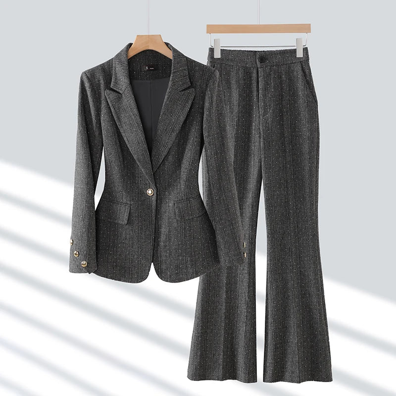 2024 Women's Gray Two-Piece Office Suit Set - Single Button Diamond Blazer & High Waist Wide Leg Pants | Fall Winter Workwear, Business Formal Attire, Professional Outfits for Women