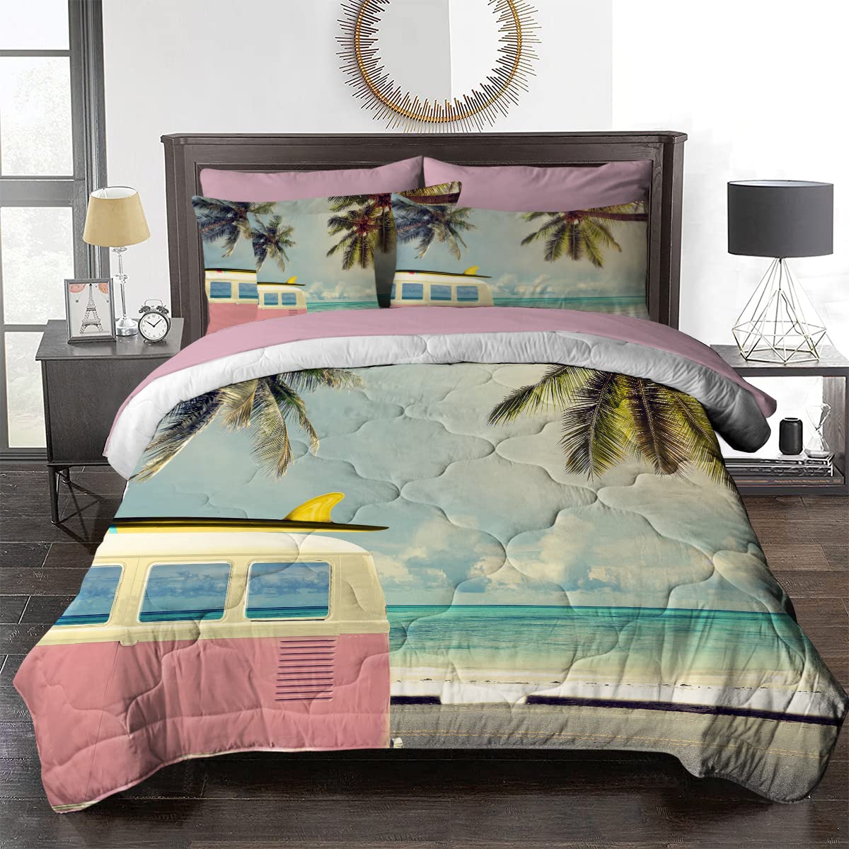 BlessLiving 8-Piece Coconut Palm Comforter Set - Tropical Beach Bedding for Twin Beds, Includes Comforter, Sheets, Pillowcases, Shams & Cushion Cover | Perfect for Coastal, Vacation & Boho Bedroom Decor