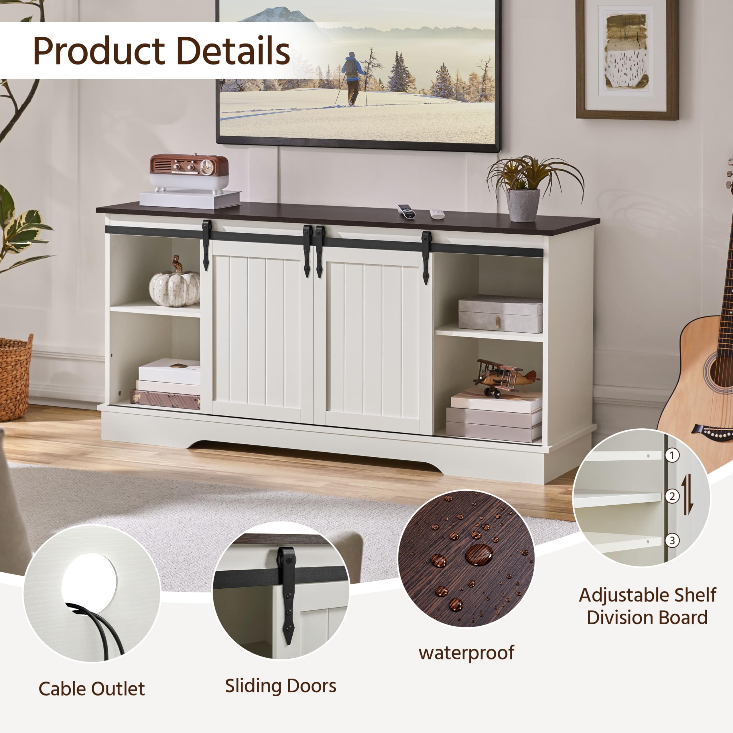 Yaheetech 65 Inch TV Stand with Sliding Barn Doors - Farmhouse Style Entertainment Center, TV Media Console for Living Room (White & Espresso) - Perfect for Home Theater Setup & Living Room Organization