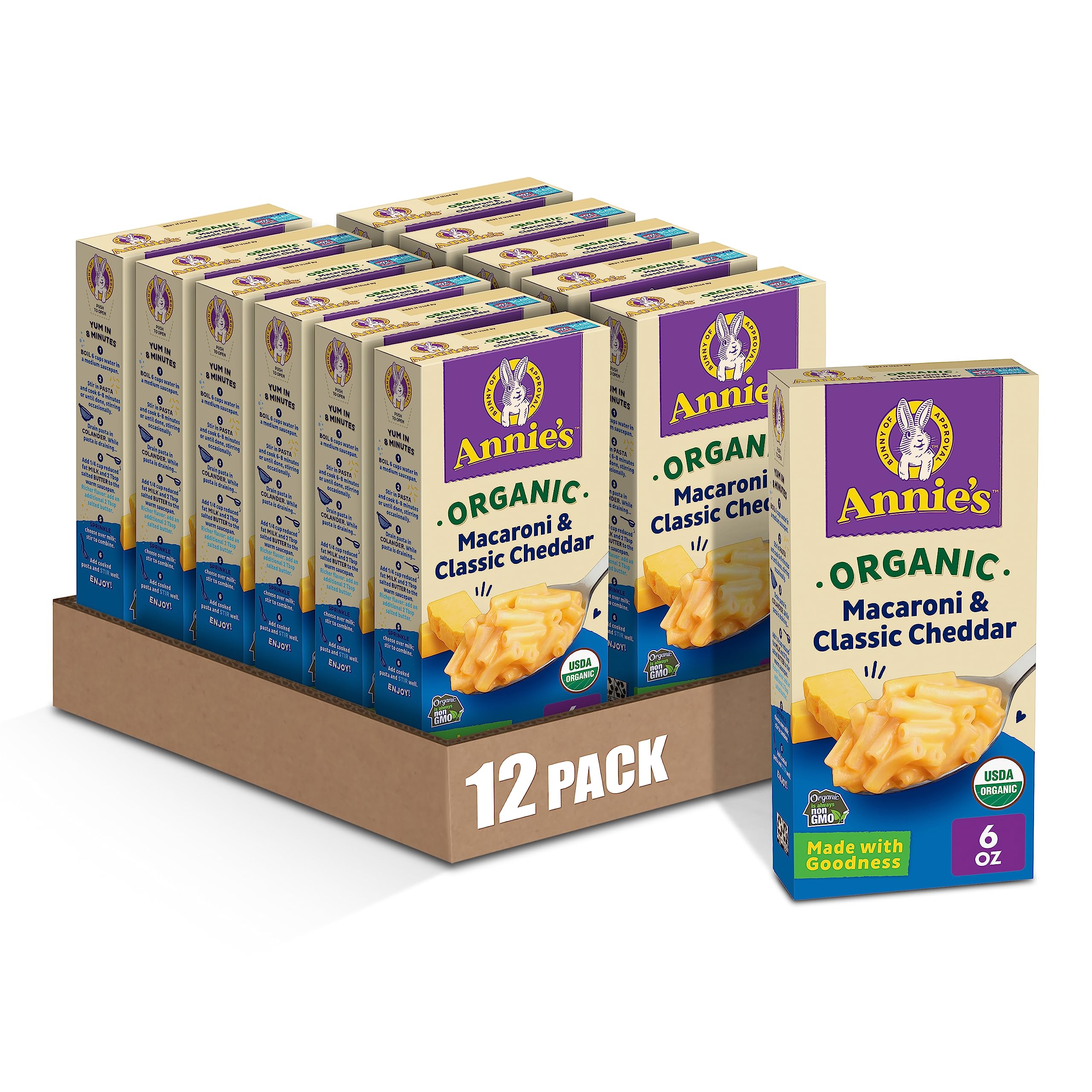 Organic Macaroni and Classic Cheddar Cheese | Annie's Mac and Cheese | 6 oz (Pack of 12) | Quick Dinner, Kids Lunch & Easy Snacks for School or Home