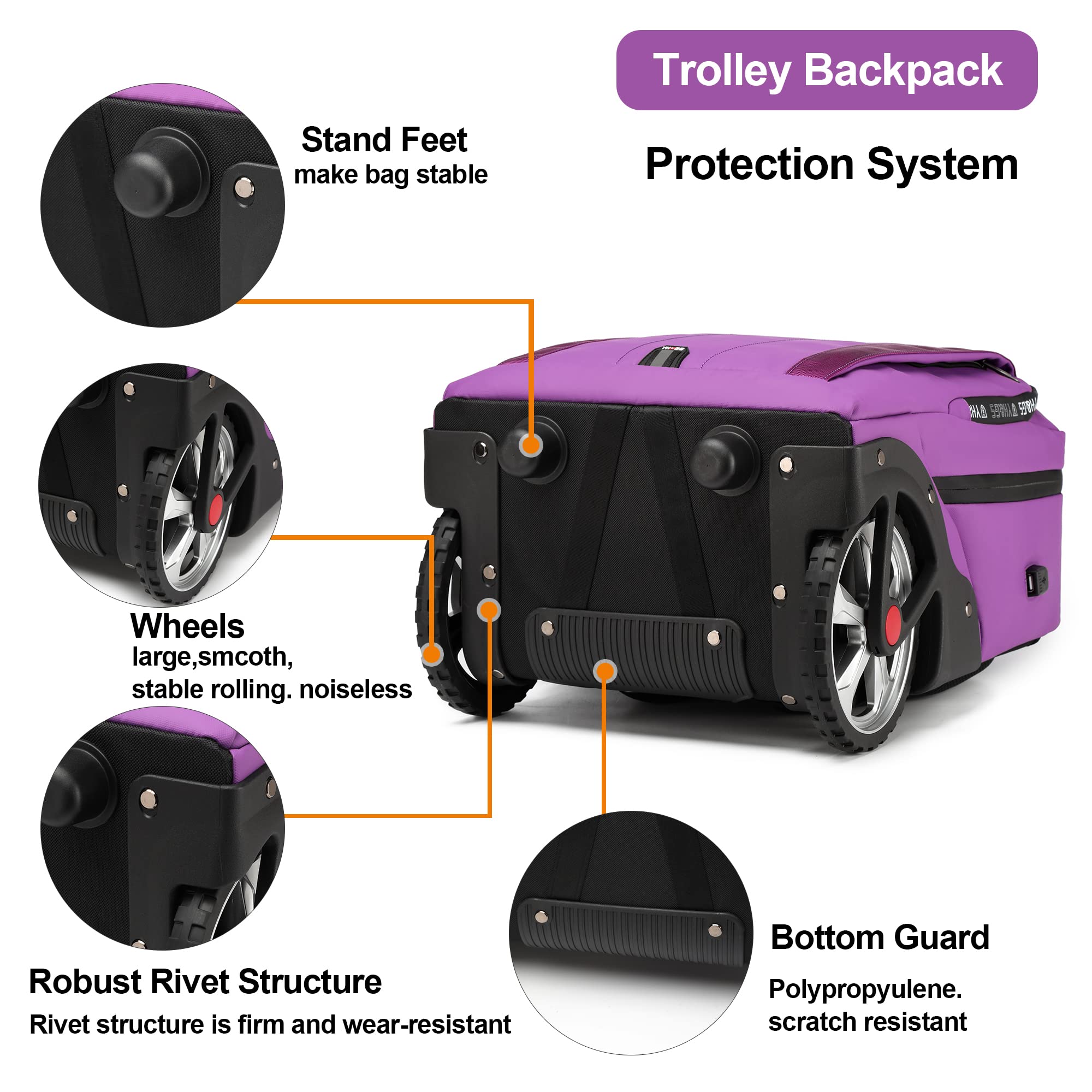 Rolling Backpack with Wheels - Travel Laptop Backpack for Women & Men, Carry-On Luggage with USB Charging Port, Fits 17.3 Inch Notebook - Perfect for Business Trips, College, Commuting & Air Travel (Purple)