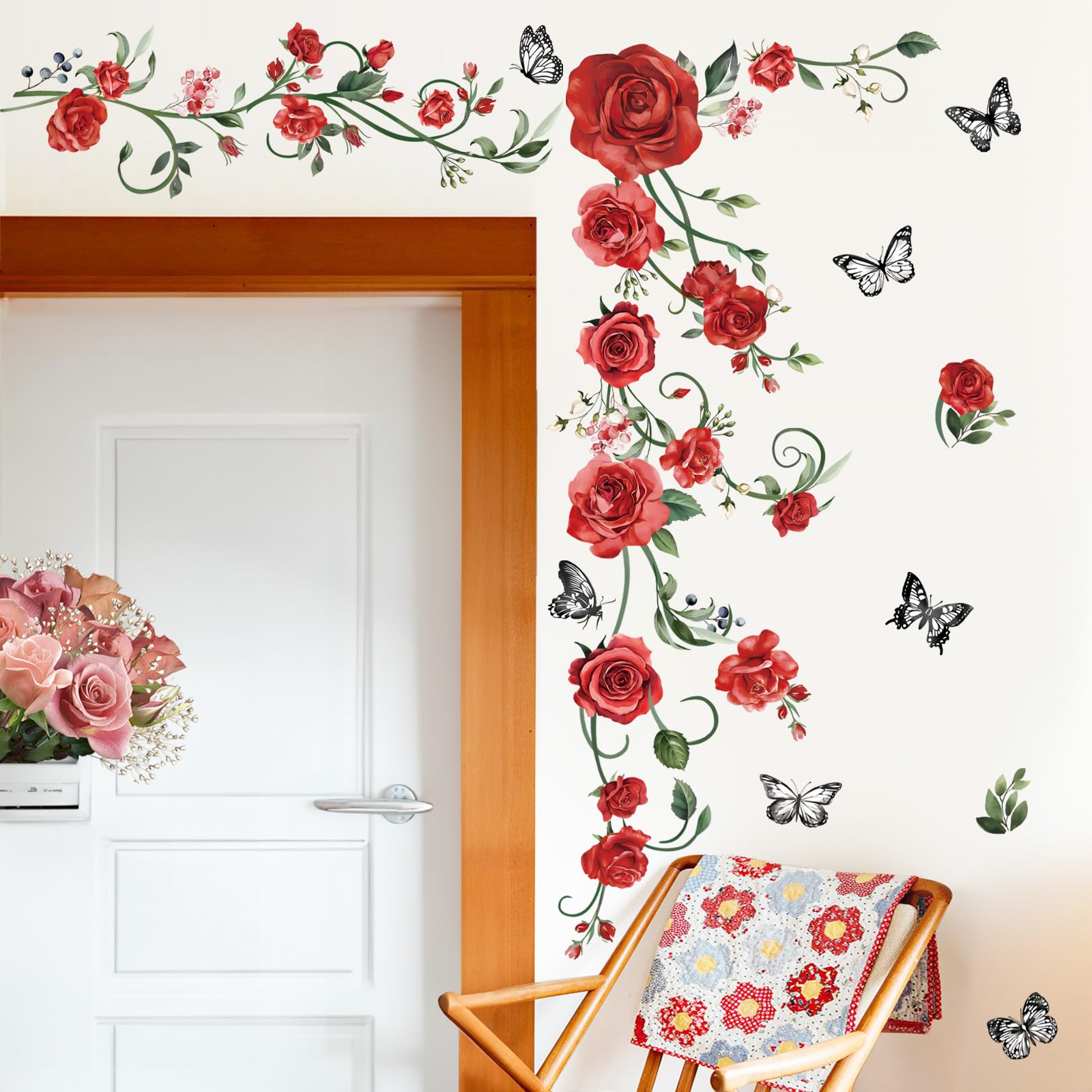 Red Rose Vine Wall Decals with Butterflies - Bedroom & Living Room Decor