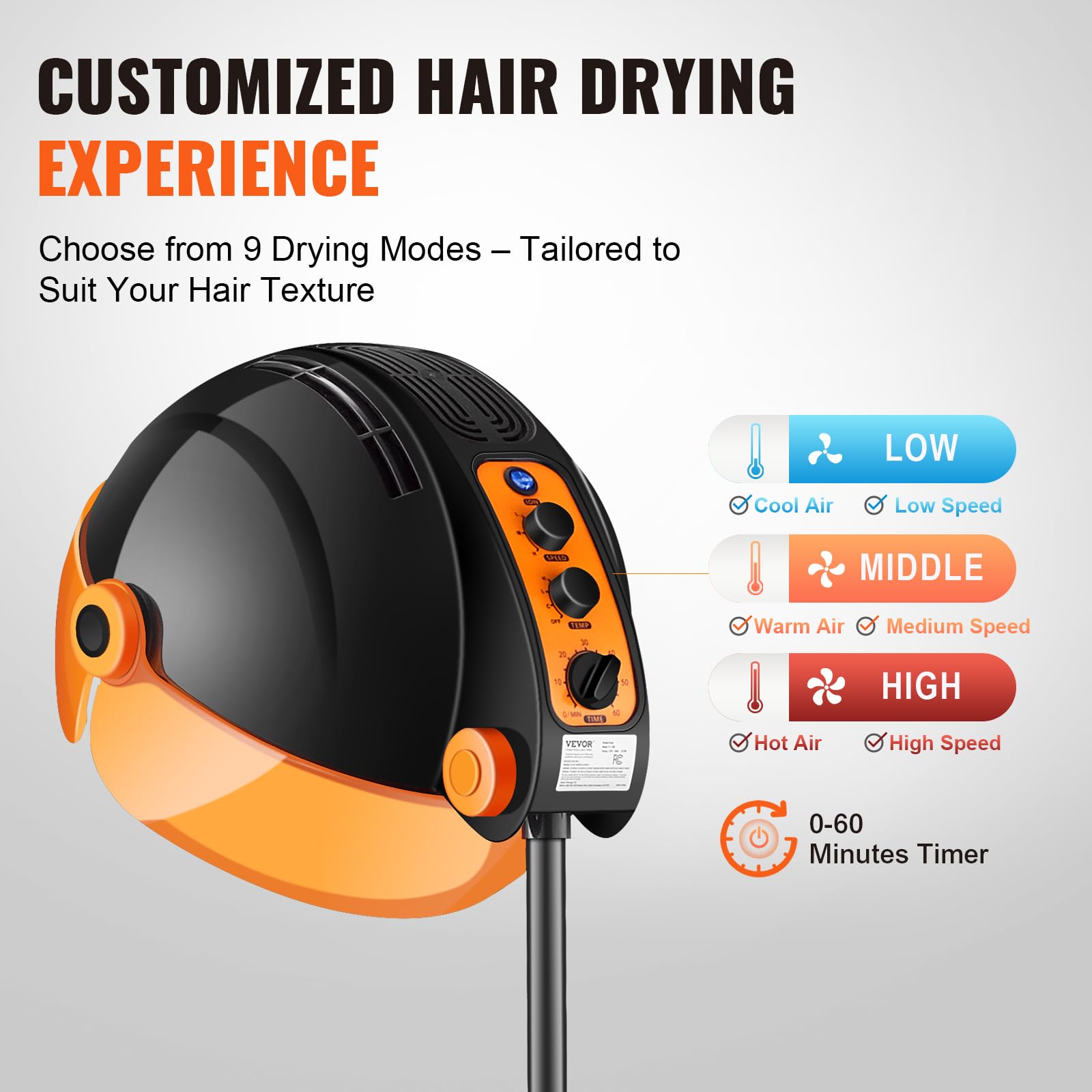 VEVOR 1875W Ionic Hooded Hair Dryer with Adjustable Speed & Temperature, Salon & Home Spa Hair Dryer with Timer - Perfect for Hair Styling, Drying & Deep Conditioning Treatments