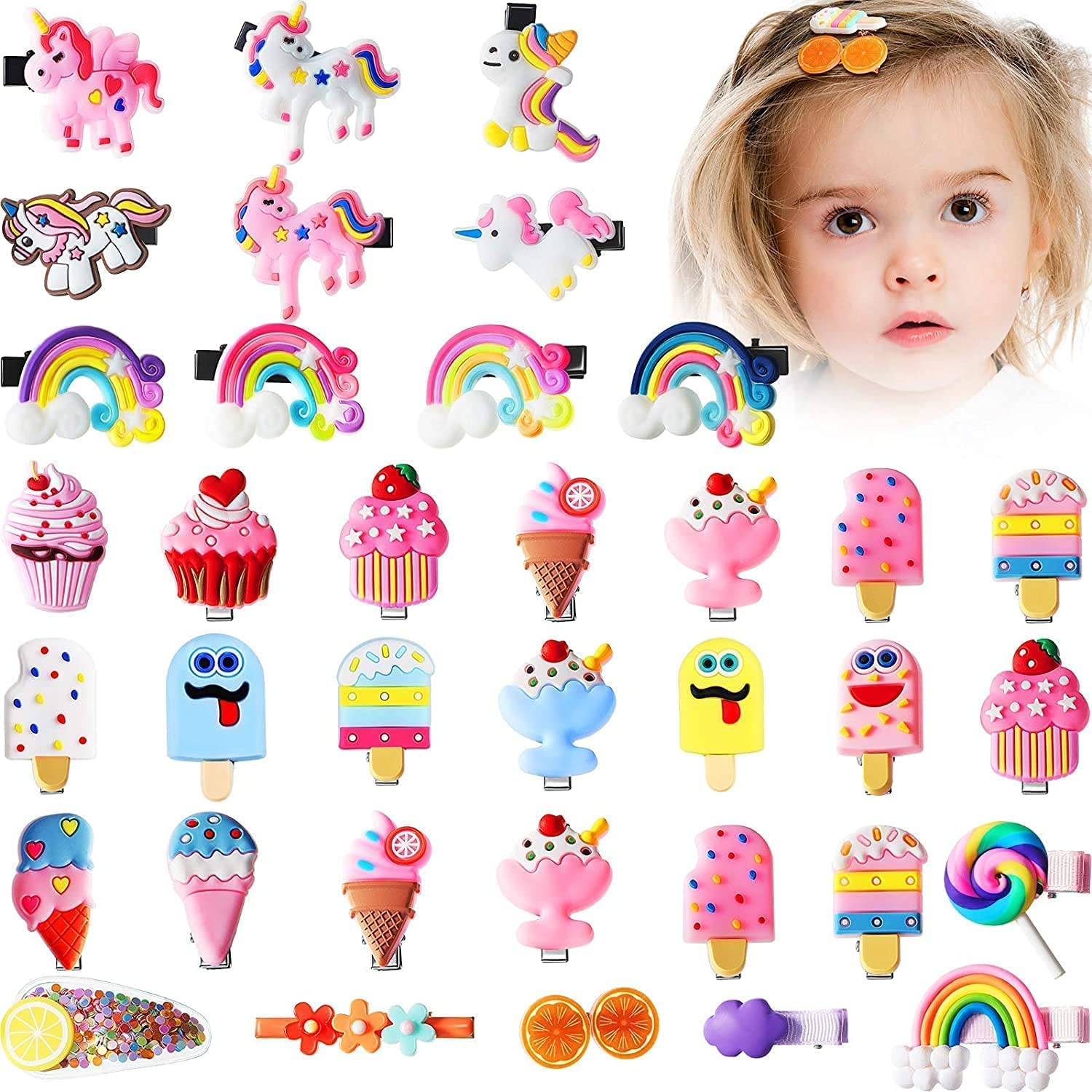 20-Piece Rainbow Unicorn Ice Cream Hair Clips Set for Girls - Colorful Baby Hair Barrettes & Toddler Hair Accessories - Perfect for Birthday Parties, School, and Daily Styling