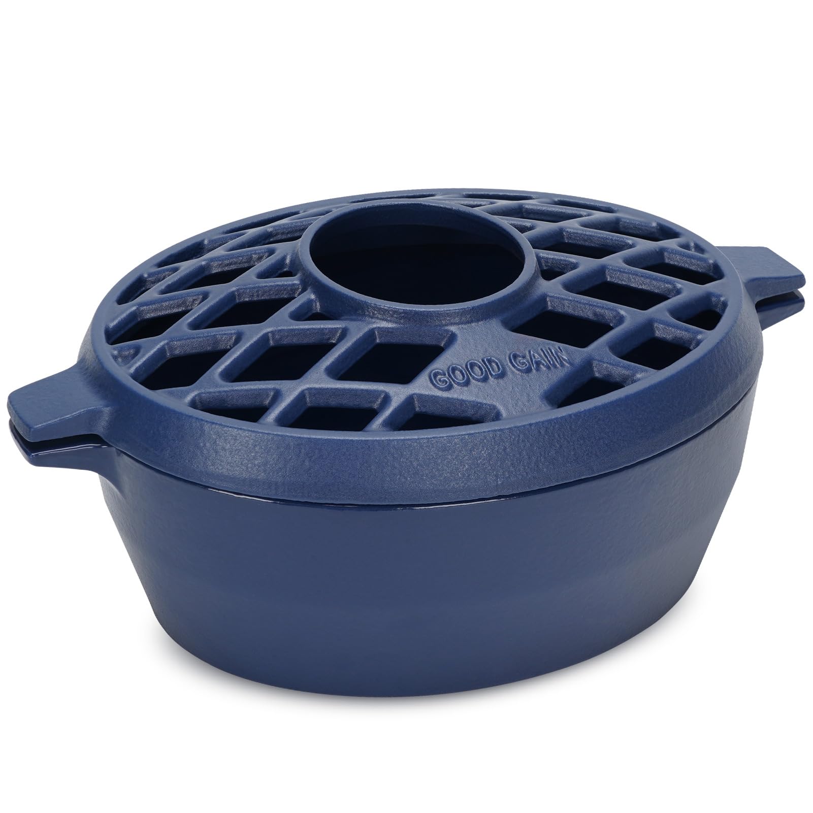Premium Cast Iron Wood Stove Steamer & Fireplace Humidifier - 2.5 Quart Capacity, Rust-Resistant Matte Blue Finish with Lattice Top - Perfect for Indoor Wood Burning Stoves & Cozy Winter Home Decor