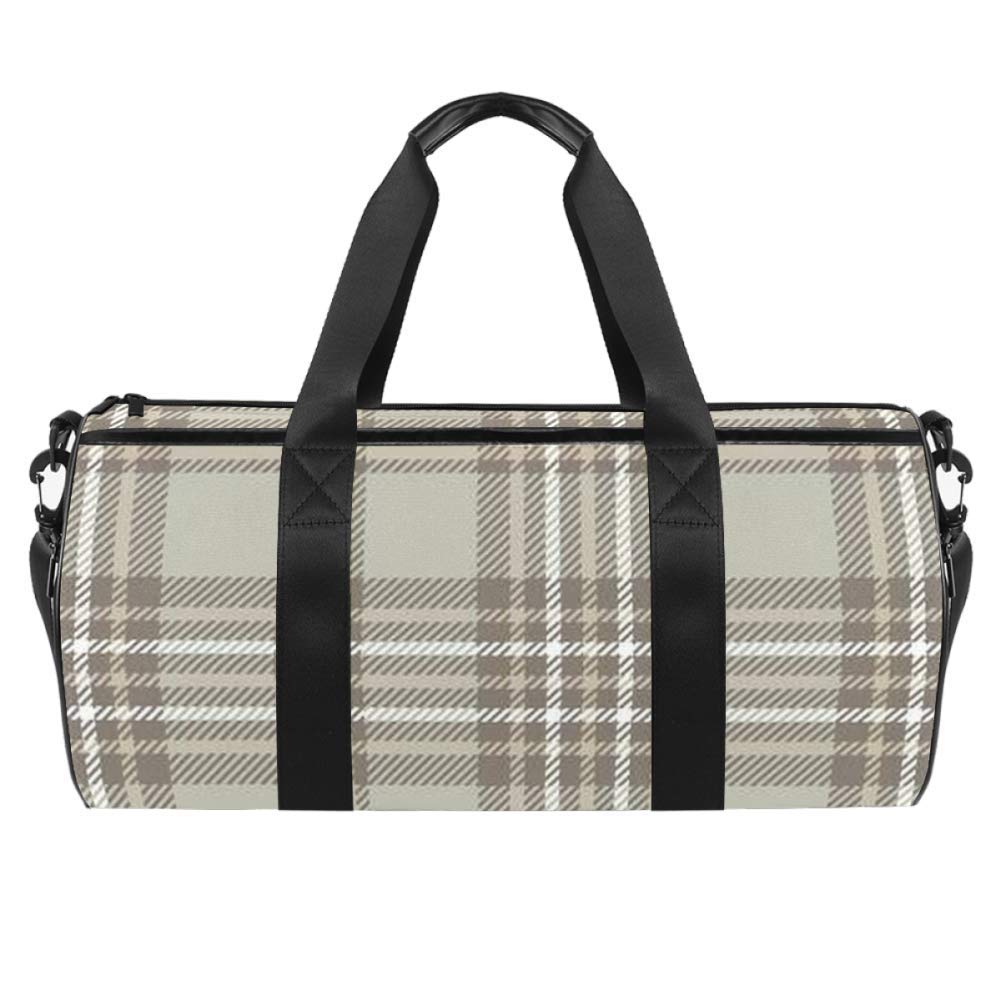 Anna Cowper Taupe Beige Plaid Check Duffel Shoulder Carry Bag - Canvas Travel Gym Bag for Sports, Dance & Weekend Trips - Perfect for Gym, Yoga, Workout, Travel & Overnight Getaways