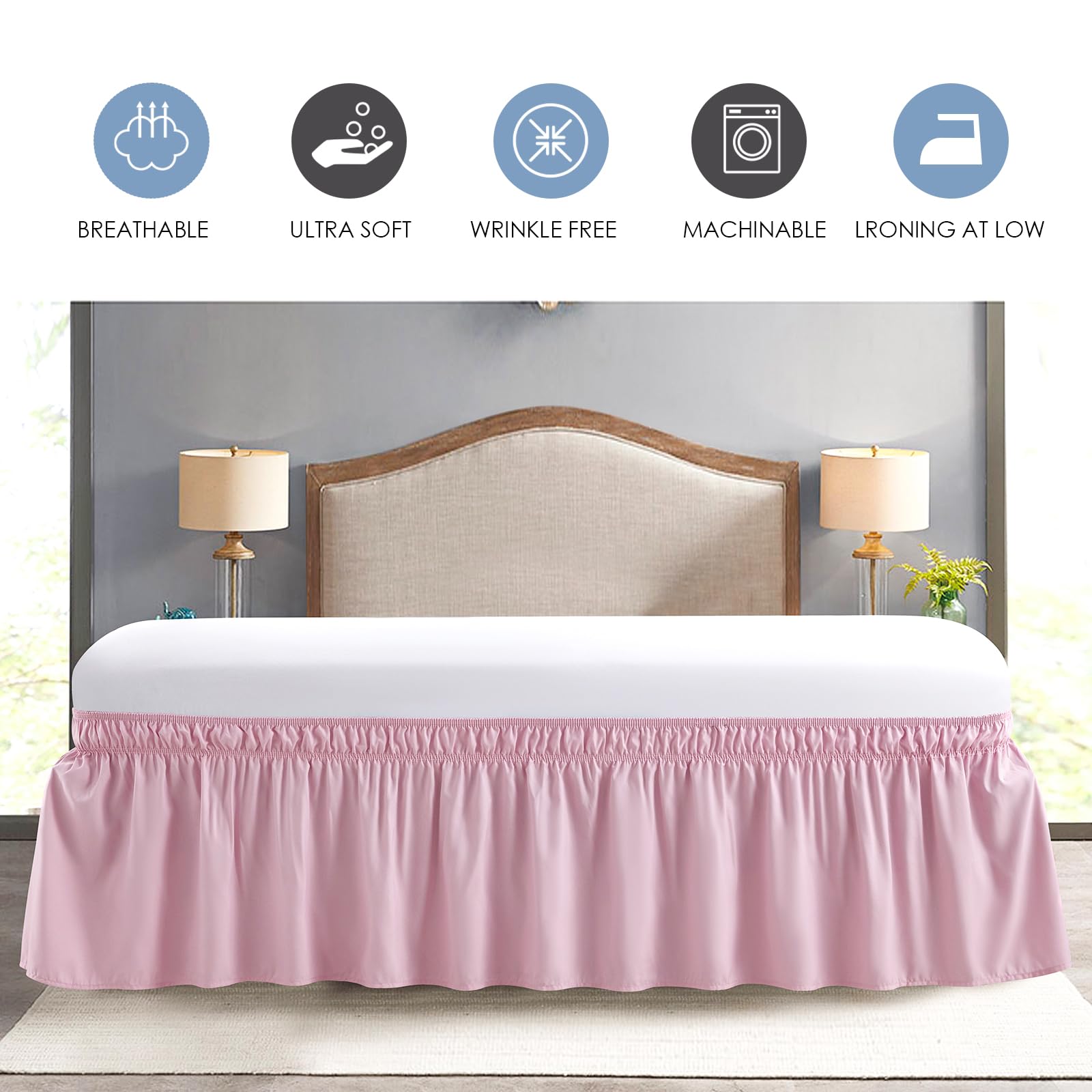 FreshCulture Full Bed Skirt - Elastic Wrap Around Dust Ruffle with 15-Inch Tailored Drop | Hotel Quality Bed Skirt for Full Size Beds | Perfect for Master Bedrooms, Guest Rooms & Airbnb Styling (Dusty Pink)