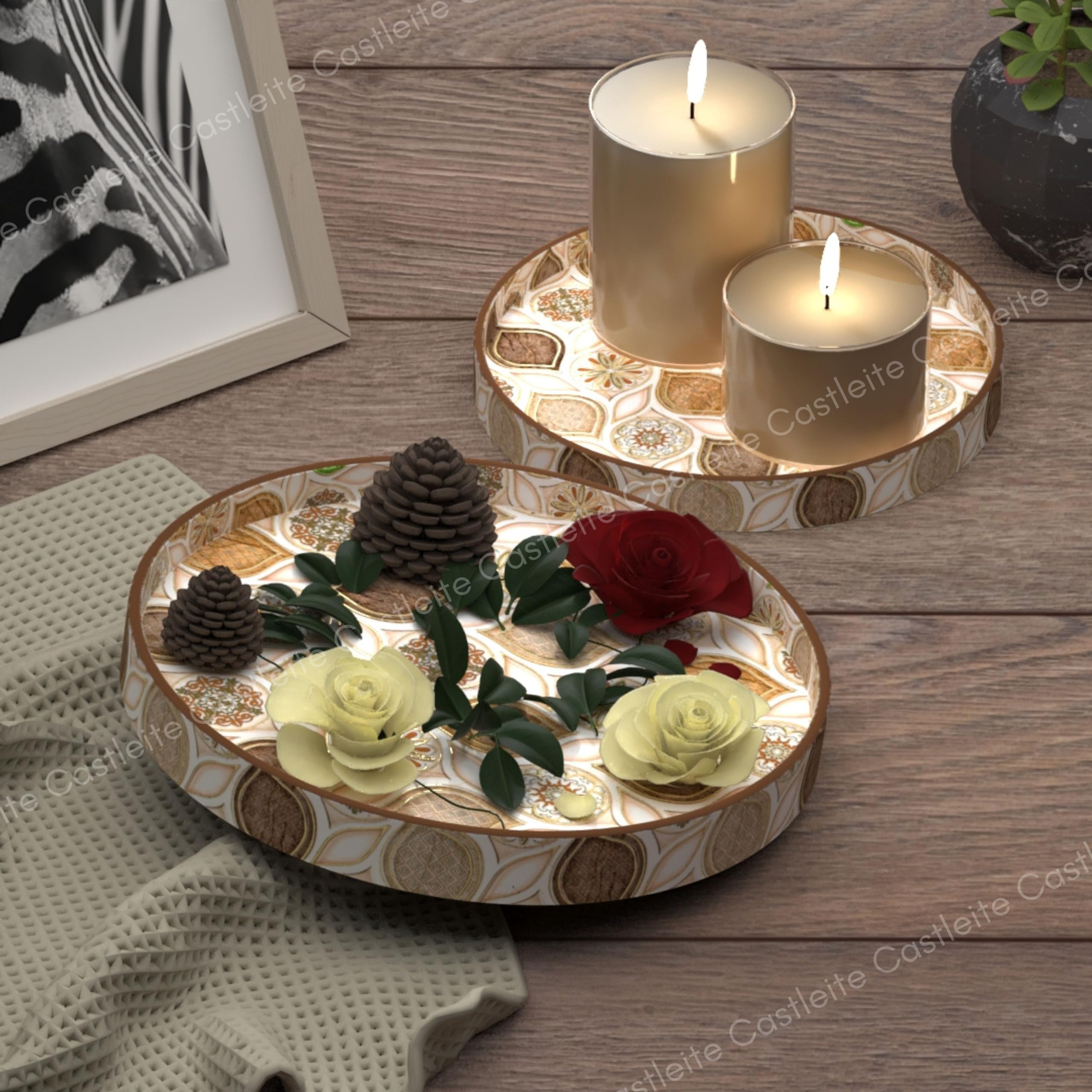 Castleite Ember Decorative Round Wooden Tray Set of 2 - Handcrafted Serving Trays for Kitchen, Dining Table, Coffee Table Decor & Storage - Epoxy Resin Coated Wood Trays (Large & Small, Hanayaka) - Perfect for Entertaining, Displaying Treats or Organizing Essentials