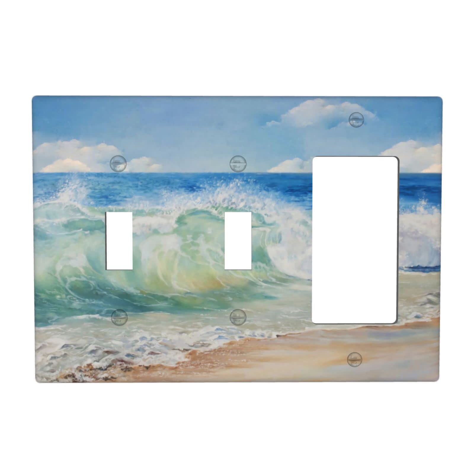 Wave Beach Light Switch Cover - Decorative 3 Gang Wall Plate (2 Toggle/1 Rocker) - Standard Size GFCI/Duplex Electrical Outlet Cover - Perfect for Coastal, Beach House, and Nautical Themed Home Decor