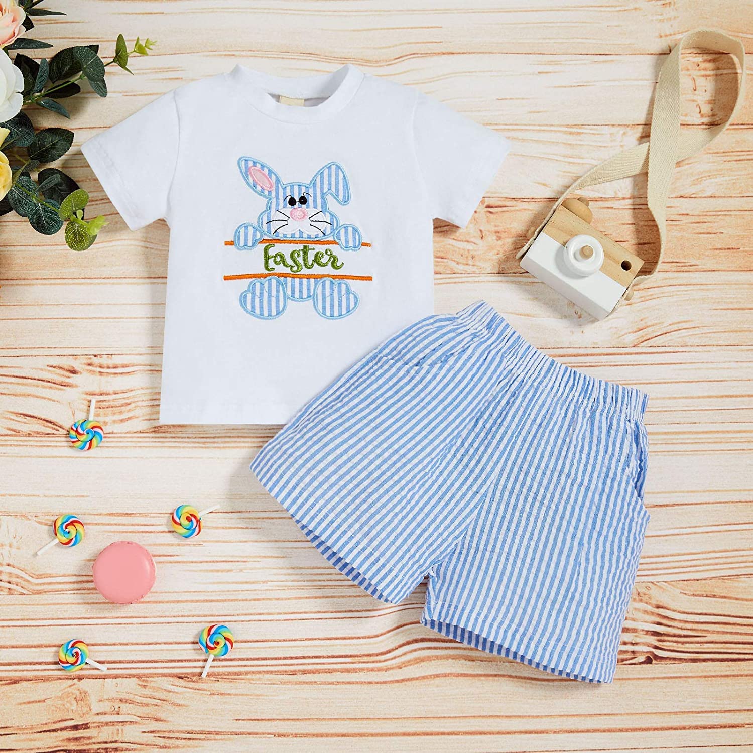 Sinhoon Baby Girl & Boy Easter Outfits - Bunny Pattern Romper with Blue Stripes Suspenders - Adorable Toddler Easter Clothes Set for Spring Photoshoots & Holiday Celebrations