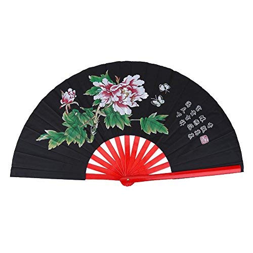 Traditional Chinese Bamboo Tai Chi Fan - Large Foldable Hand Fan for Kung Fu, Martial Arts, Wushu Dance Practice & Training - Silk Rave Fan with Right Hand Grip (Black) | Perfect for Tai Chi Exercises, Kung Fu Training, Dance Performances & Summer Cooling