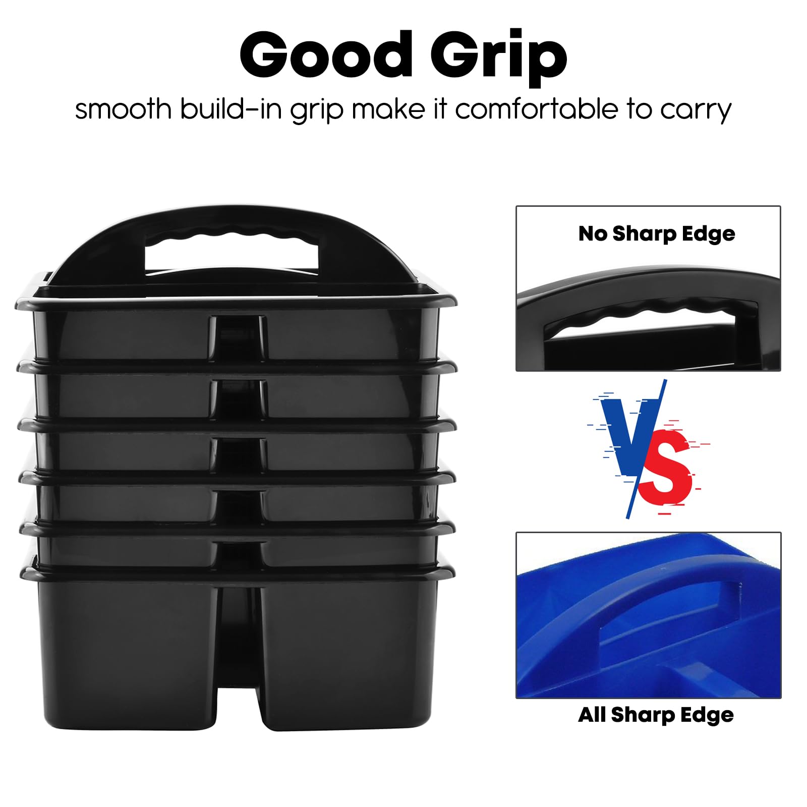 ALINK Plastic Classroom Caddy Organizer with Handle - 6-Pack 3-Compartment Teacher Supply Storage for Desk, Table & Office Organization - Perfect for Classroom Supplies, Kids' Craft Art & School Stationery - Black