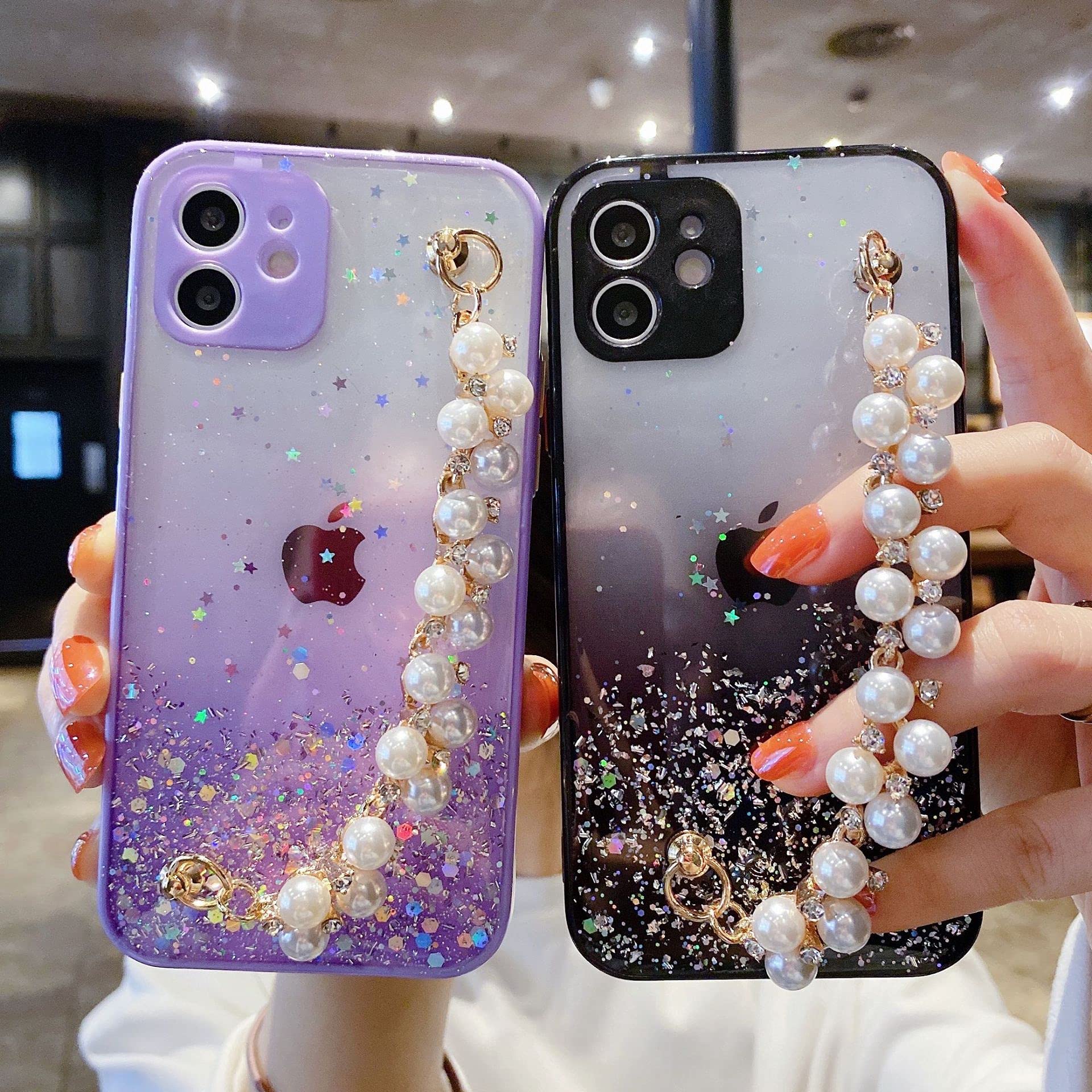 Sparkly Glitter iPhone 13 Pro Max Case with Pearls & Chain Strap - Clear Bling TPU Shockproof Phone Cover for Women & Girls | Perfect for Parties, Daily Use & Fashion Accessories