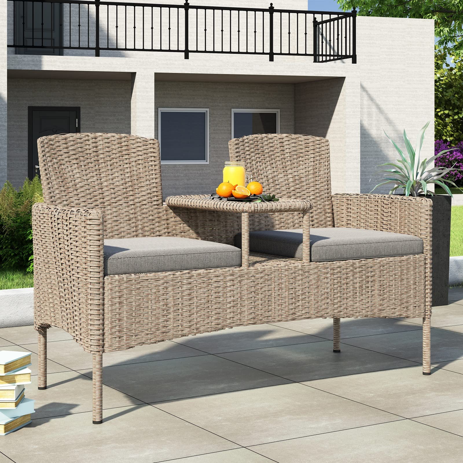 Lepus Outdoor Rattan Loveseat - Modern 2-Person Patio Bistro Set with Cushions, Built-in Wood Tabletop & Storage Space - Perfect for Backyard, Front Porch, Poolside Relaxation (Beige White) - Ideal for Outdoor Dining, Lounging and Entertaining Guests