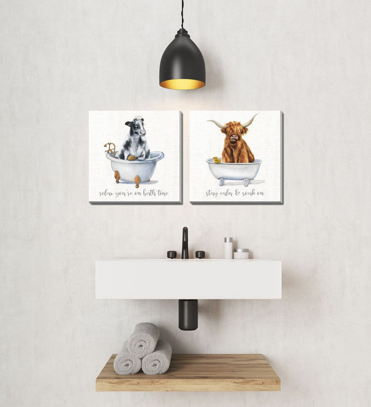 Bathtime Friends VII Wall Art Set of 2 - 16x16 Inches in White, Black & Brown - Perfect for Bathroom Decor, Nursery, Kids Room & Modern Home Interiors