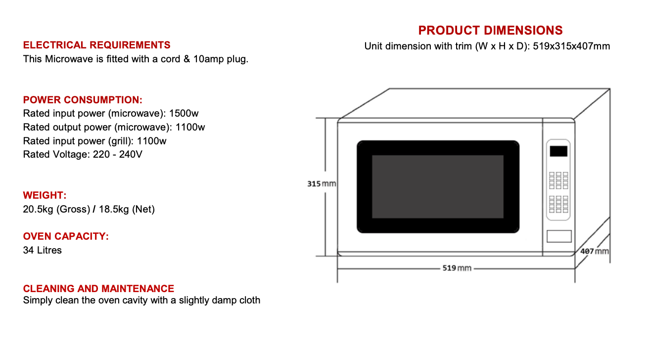 Euro Appliances 1100W EP34MWS 34L Compact Microwave Oven - Perfect for Small Kitchens, Dorms & Office Spaces