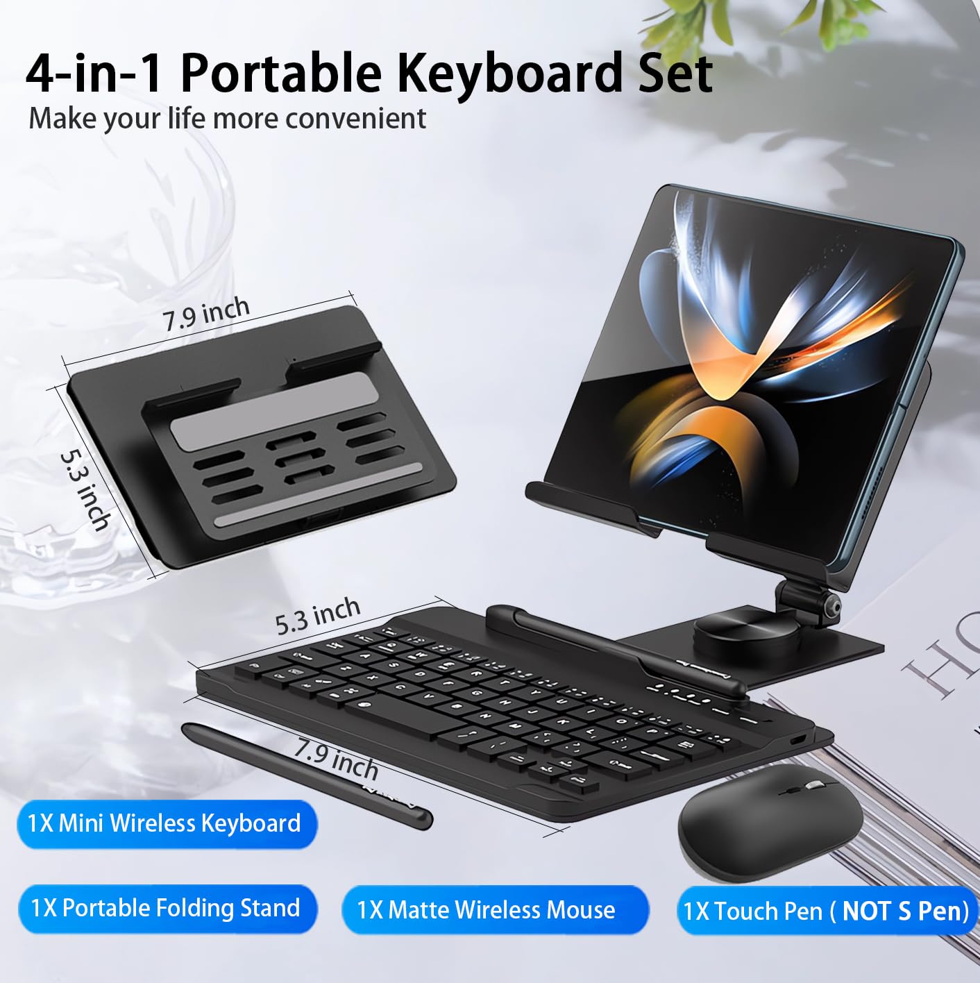 Samsung Galaxy Z Fold 6/5/4 Stand with Bluetooth Keyboard & Mouse - Portable Foldable Adjustable Tablet Stand Holder for Desk Work, Travel & Home Office - Includes Wireless Mouse & Stylus Pen