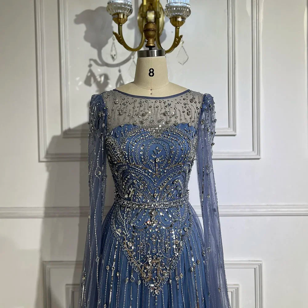 Luxury Designer Blue Beaded Stone Arabic Evening Dress with Cape Sleeve LA72635 - Elegant Formal Gown for Weddings, Galas & Special Occasions
