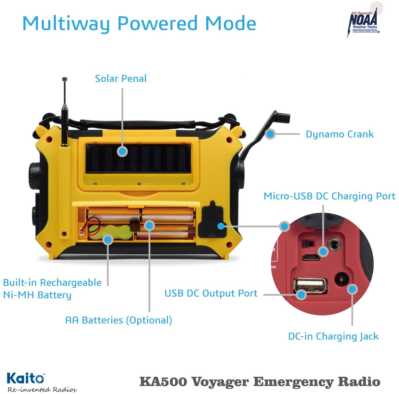 Kaito KA500 Voyager Solar Crank Emergency Weather Alert Radio with USB Adapter - Portable NOAA Weather Radio for Outdoor Camping, Hiking & Emergency Preparedness