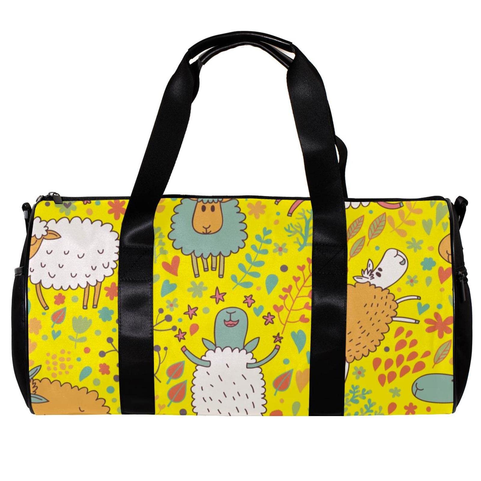 Stylish Gym Duffle Bag for Men & Women - Waterproof Overnight Weekender Travel Bag with Cute Cartoon Sheep Print in Bright Yellow - Perfect for Gym, Workout, Travel & Weekend Getaways