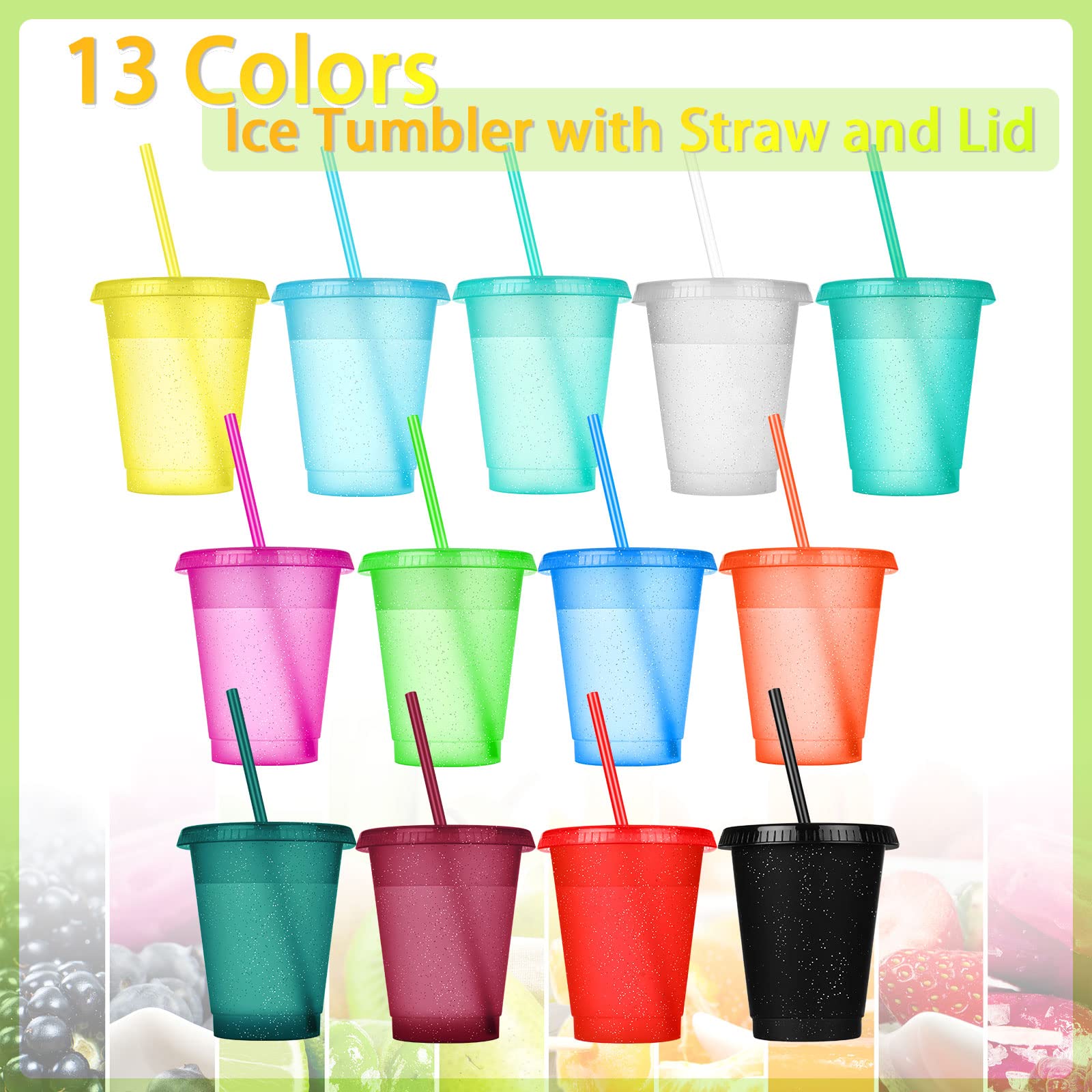 16oz Reusable Plastic Tumbler Cups with Lids & Straws - 15 Pack Colorful Kids & Adults Travel Mug for Iced Coffee, Water, Juice - Perfect for Parties, Picnics, School, Office & Outdoor Activities