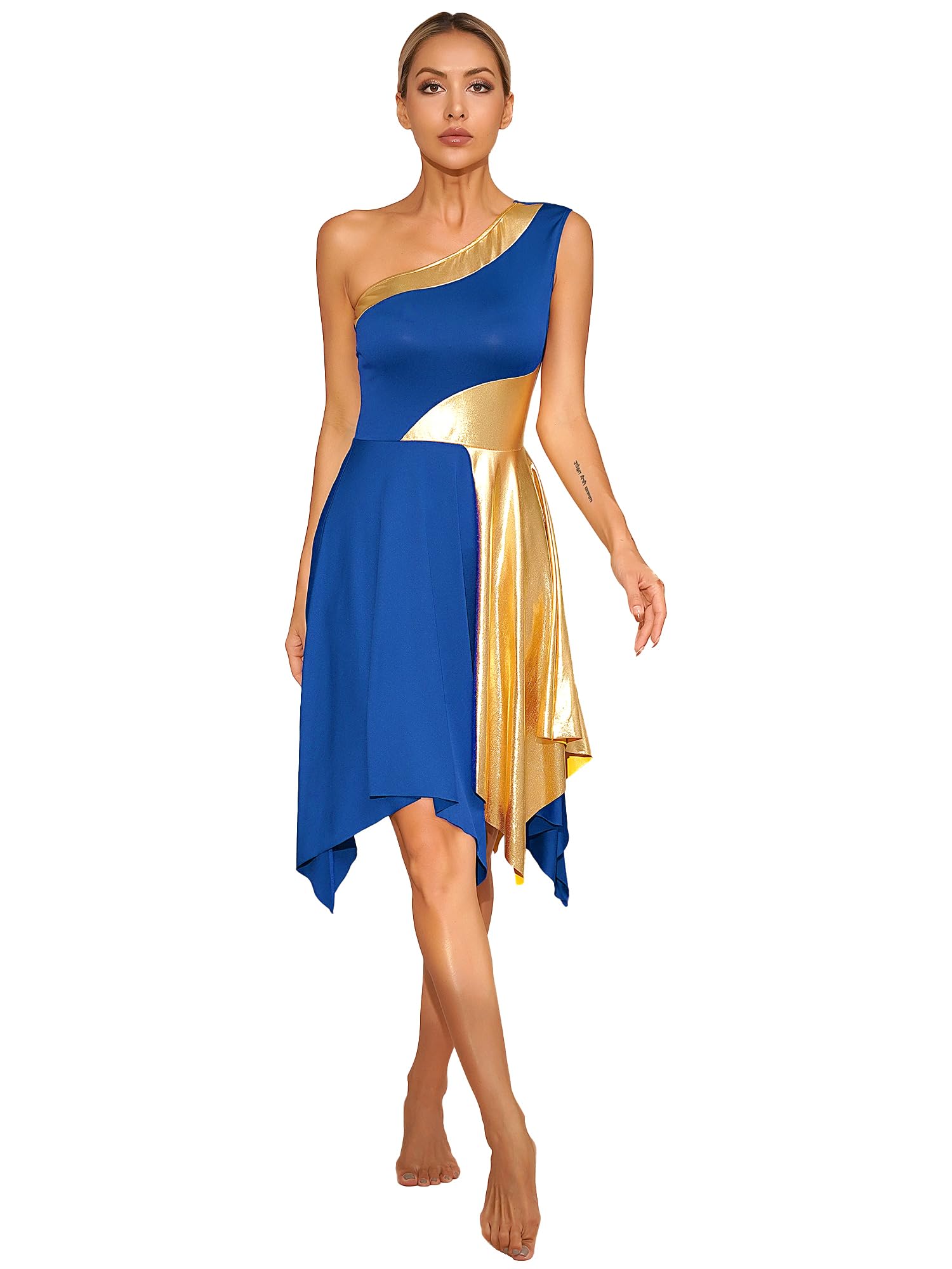 JEYPINMI Women's One Shoulder Color Block Worship Dance Dress - Liturgical Praise & Lyrical Dance Costume for Church Performances, Choir Outfits and Spiritual Celebrations