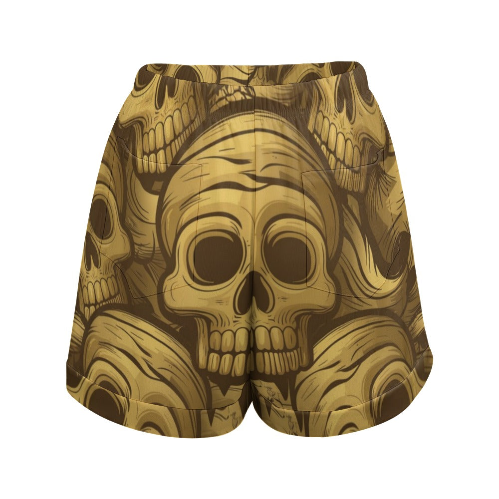 Stylish Bronze Skulls High Waist Loose Elastic Waist Shorts for Women - Comfortable Casual Summer Fashion for Beach, Gym, and Everyday Wear