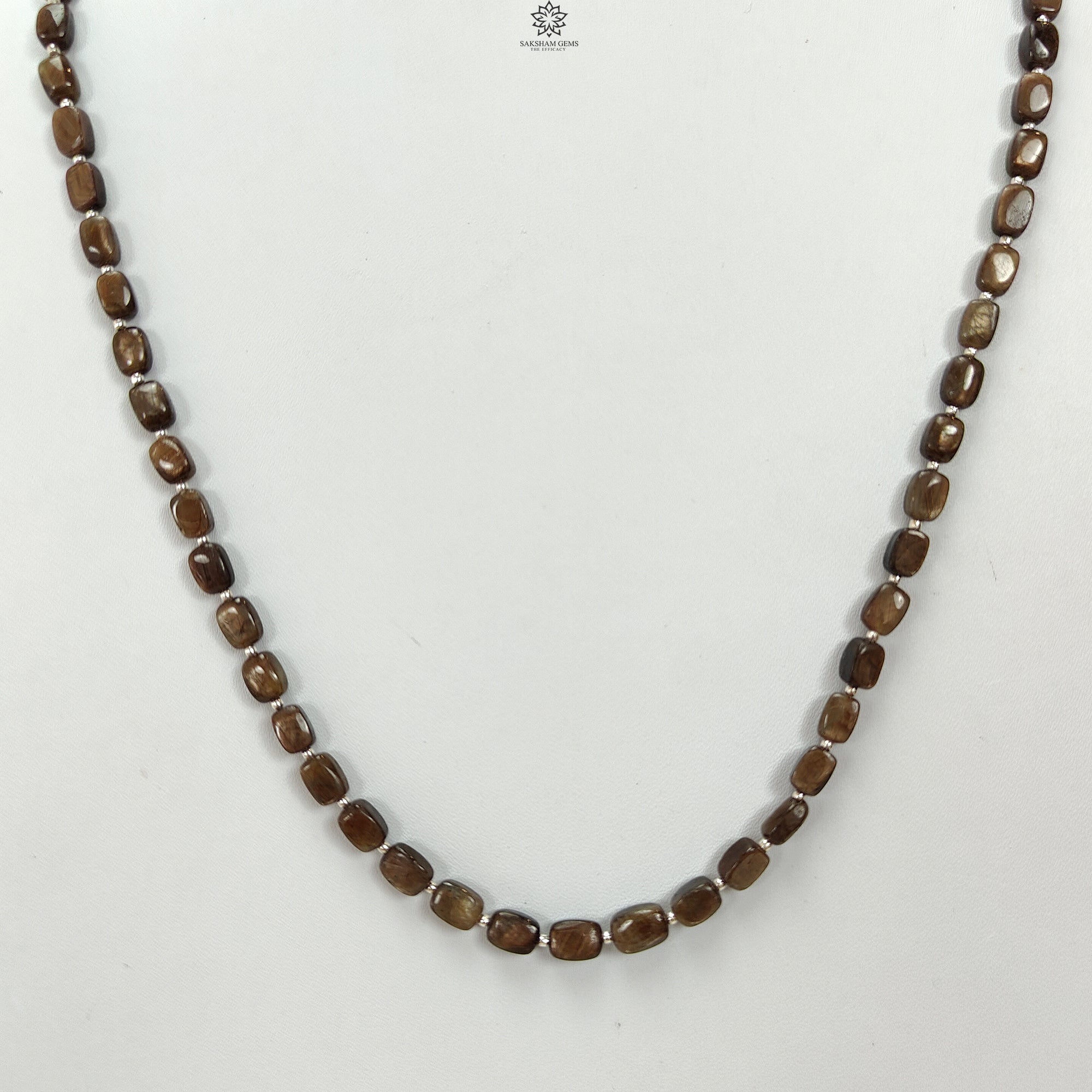 Golden Brown Chocolate Sapphire Gemstone Beads Necklace - 925 Sterling Silver with Natural Plain Cushion Sapphire (5x4mm & 6x5mm) - 18.31g Elegant Jewelry for Women, Perfect for Weddings, Parties & Special Occasions