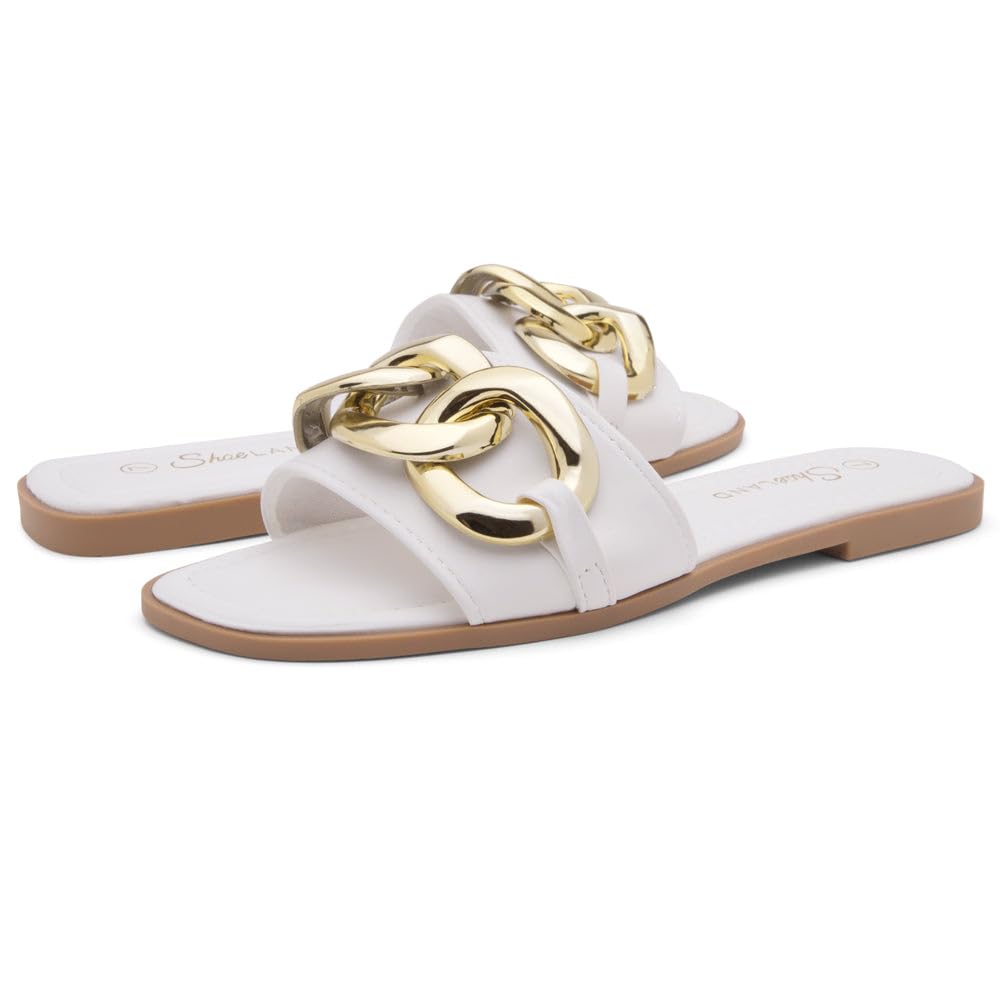 EMMA Women's Flat Sandals - Square Open Toe Single Band Slides with Metal Chain | Comfortable Cushioned Footbed Slip-On Slippers for Summer, Beach, Walking & Daily Wear | Casual & Fashion Sandals for Women