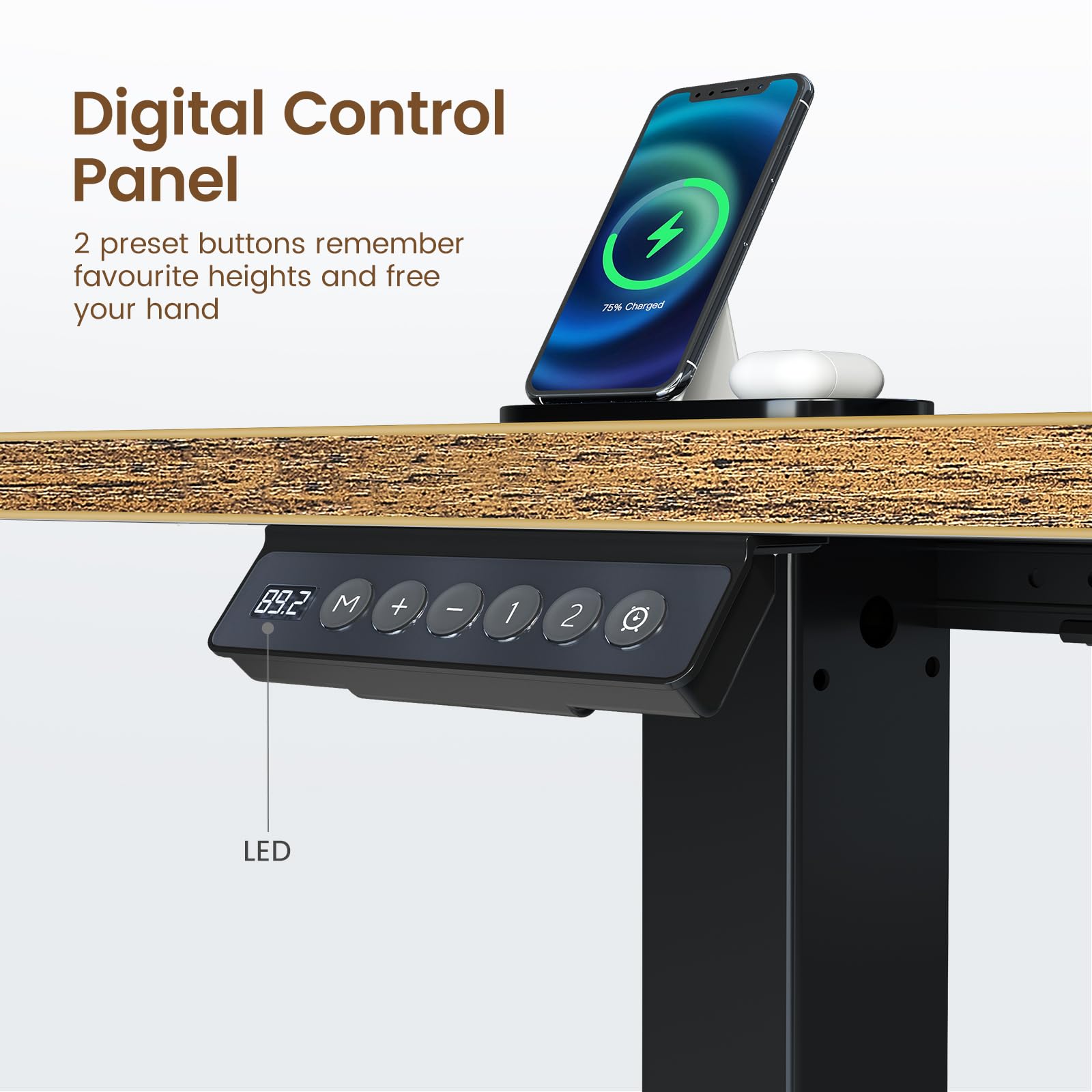 Rolanstar L-Shaped Electric Standing Desk with LED Light & Power Outlet - Height Adjustable Computer Desk with Monitor Stand in Rustic Brown - Perfect for Home Office, Gaming Setup & Workspace Ergonomics