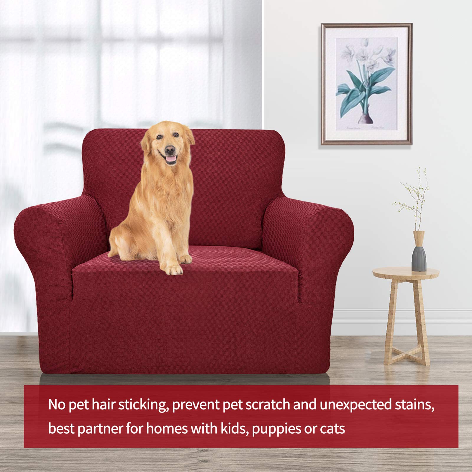 YEMYHOM Jacquard Stretch Sofa Cover - Non-Slip Elastic Furniture Protector for Living Room Chairs, Pet-Proof Armchair Slipcover (Small, Christmas Wine Red) - Perfect for Home Decor, Pet Owners & Holiday Styling