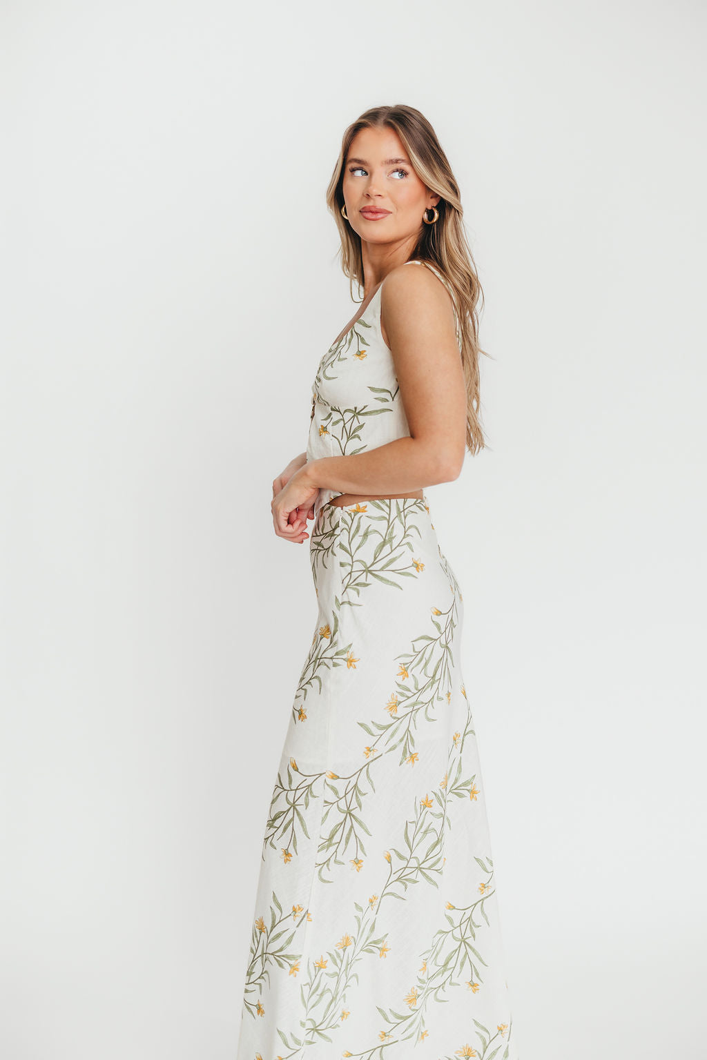 Sawyer Vest Tank and Maxi Skirt Set - Cream Floral Print Women's Two Piece Outfit for Summer, Beach, and Casual Wear
