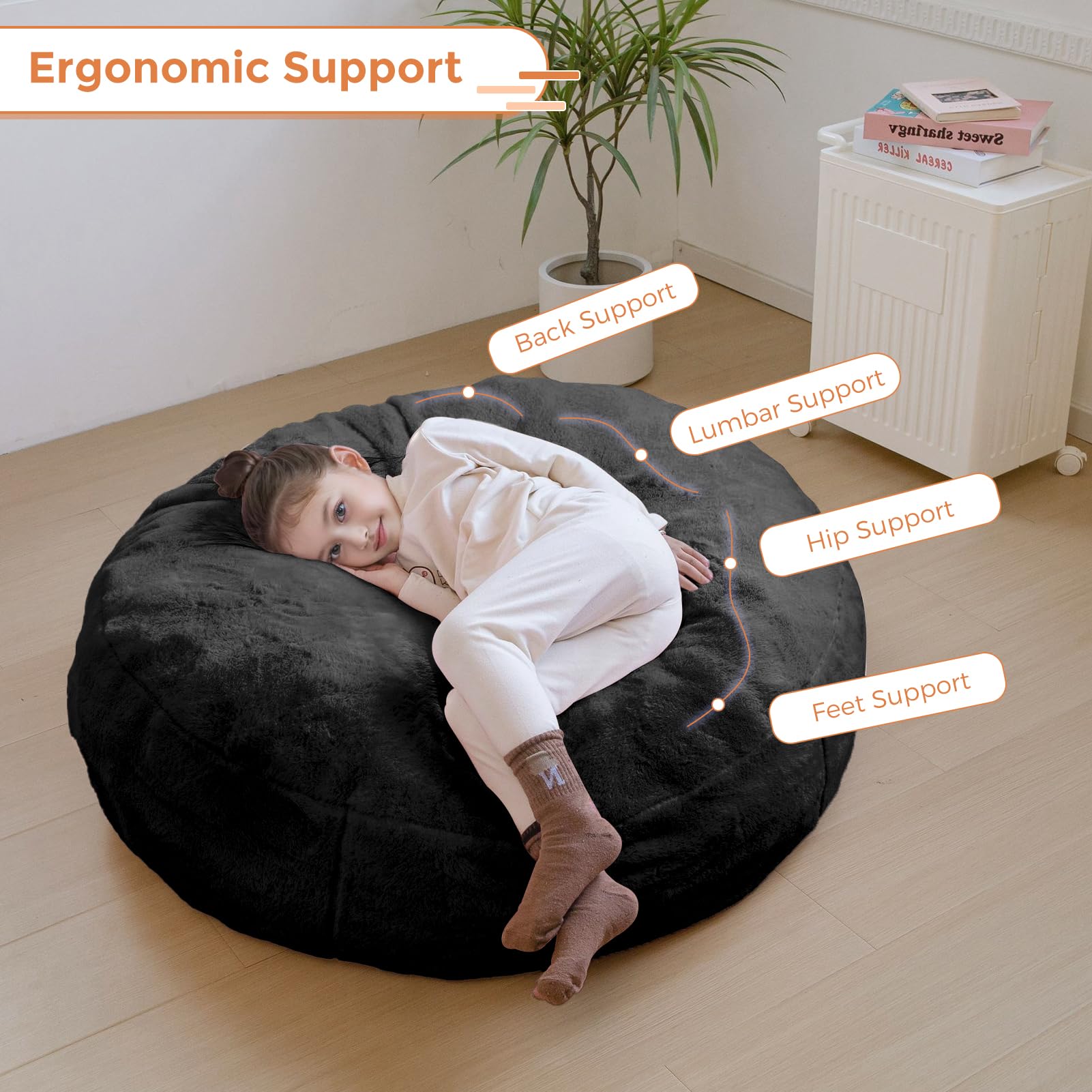 MAXYOYO 3-in-1 Kids Bean Bag Chair Bed - Convertible Faux Fur Floor Sofa for Children's Room, Gaming & Reading Nook - Soft Round Lounge Chair (Black) | Perfect for Playrooms, Bedrooms & Dorm Relaxation