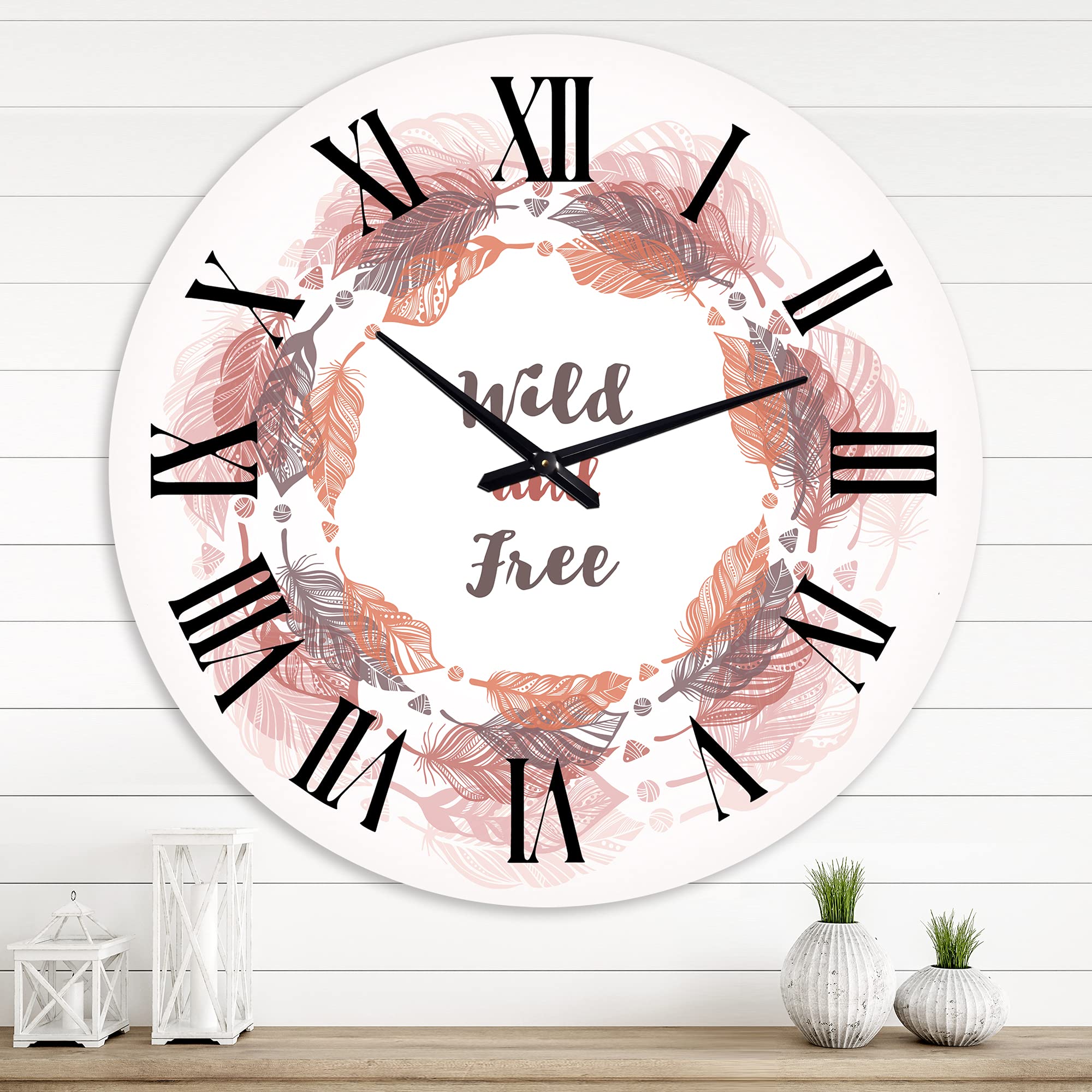 Bohemian Feather Wreath Wall Clock - Large Eclectic Animal Wall Decor for Living Room, Bedroom & Office | Unique Boho Style Home Decor Gift Idea