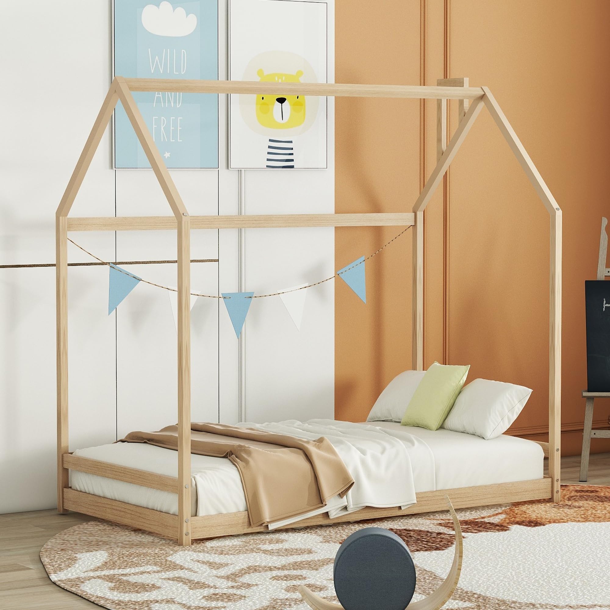 Montessori Twin House Bed with Roof - Solid Wood Floor Bed for Kids, Teens & Adults - No Spring Box Needed - Natural Finish - Perfect for Kids' Bedrooms, Playrooms & Montessori Learning Spaces
